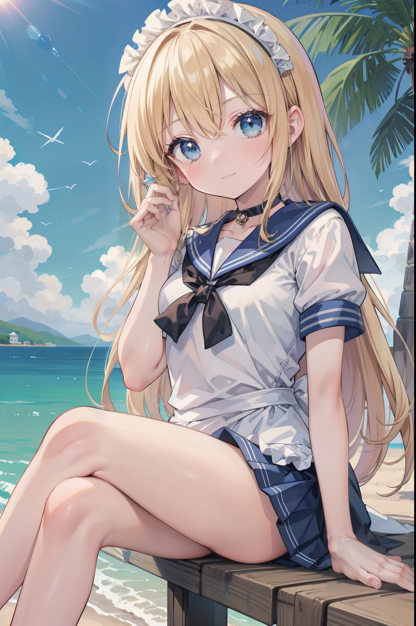 Gently stare, by krenz Cassiato , Asuka, is sitting, Asuka, anime styleイラスト, official art, High Quality Animated Art, high resolution, anime style, (short sleeve summer sailor suit:1.5),
Playful yet elegant maid mini dress in deep pink and white,
Black ribbon choker with sakura charm,
blending mischievous allure with springtime charm,
BREAK
(face close-up:1.4), (NSFW:1.1), ( blond and blue eyed), headband, (flat chest:0.8), (blue sky:1.4),