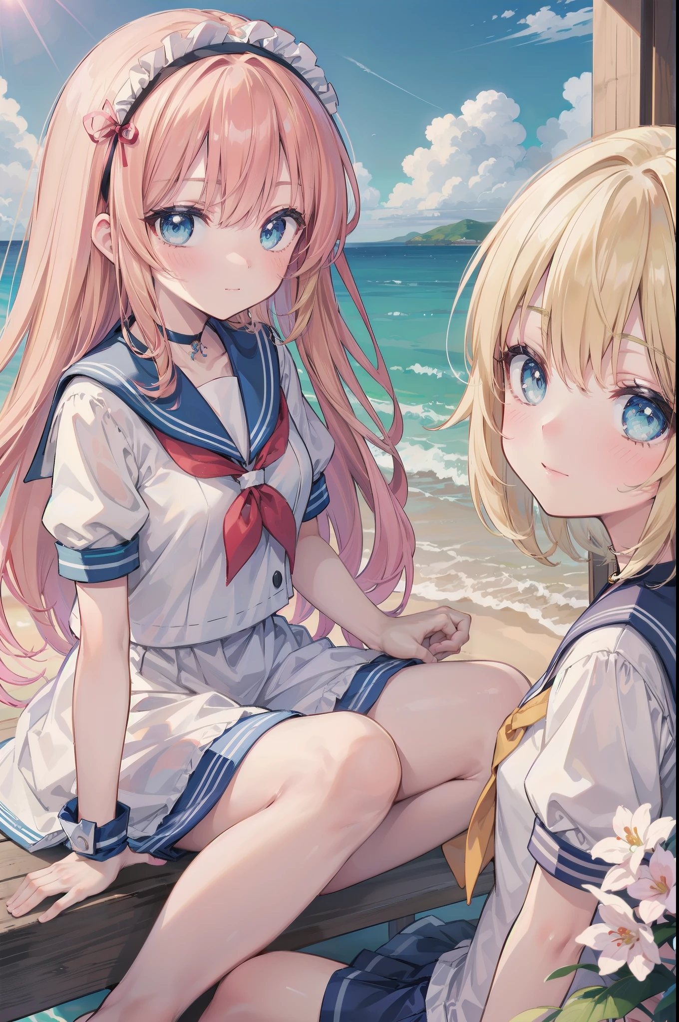 Gently stare, by krenz Cassiato , Asuka, is sitting, Asuka, anime styleイラスト, official art, High Quality Animated Art, high resolution, anime style, (short sleeve summer sailor suit:1.5),
Playful yet elegant maid mini dress in deep pink and white,
Black ribbon choker with sakura charm,
blending mischievous allure with springtime charm,
BREAK
(face close-up:1.4), (NSFW:1.1), ( blond and blue eyed), headband, (flat chest:0.8), (blue sky:1.4),