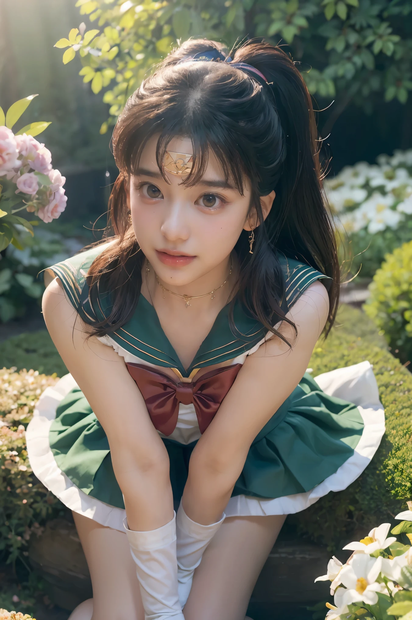 (Extreme Detail CG Unity 8K wallpaper, masterpiece, highest quality), (exquisite lighting and shadow, highly dramatic picture, cinematic lens effect), (Sailor Moon: 1.4), delicate facial features, charming smile, star eyes, ((dark green hair)), tight top, white gloves, mini skirt, dynamic pose, lying in the garden), (background in a garden full of flowers) (excellent detail, outstanding lighting, wide angle), (excellent rendering, enough to be proud of its kind),