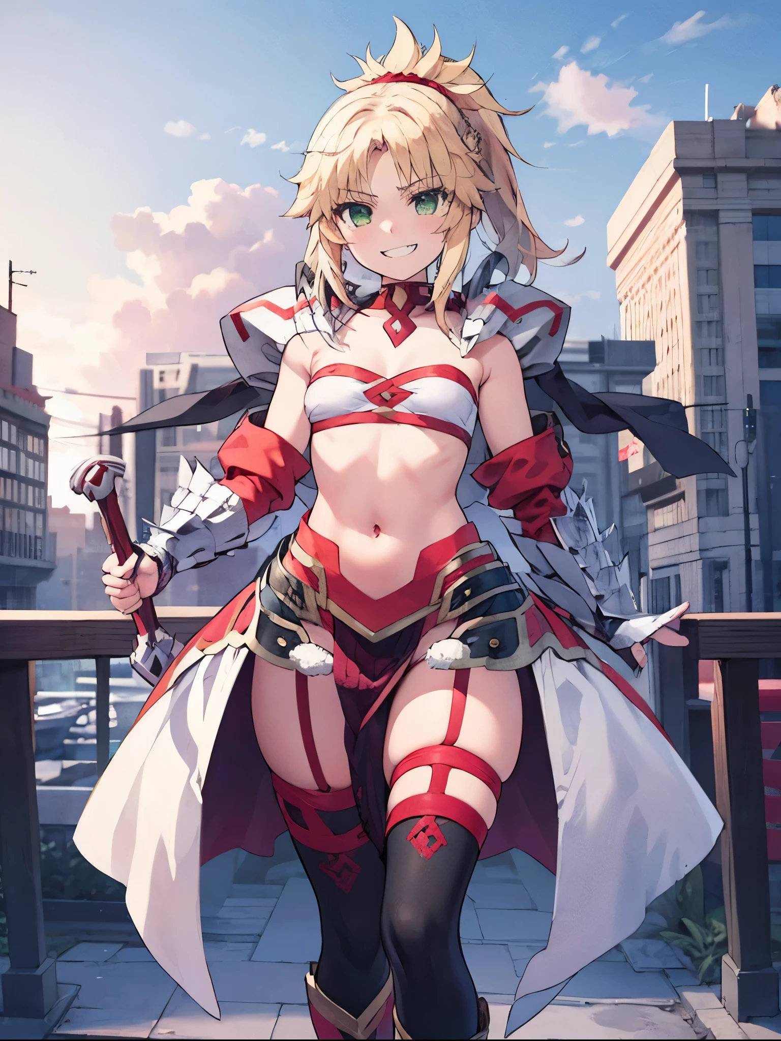 fantasy, 1devil_girl, low_teen, platina_blond_hair,long_bangs,, bare_shoulder, navel out, thighhighs,silver_armor, red_clothes,waist_armor, Glebe, hold_swords, large_breasts, dynamic_flying_pose,Floating,(pelvic_curtain:1.3), silver_Headgear ,looking_down_at_sunrise_city_sky_background,,slightly_spread_legs, some_swords,some_swords_floating_around_the_girl,solo,horn ,smile,,open_legs,open_arms,rise_knee,rise_leg,rise_thigh,rise_leg,forward_leaning_posture,apart_legs,fang,Shiny_gold_eyes,crotch