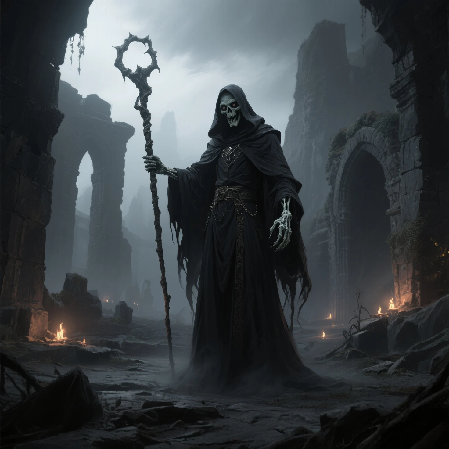 masterpiece, 8k, best quality, highly detailed, a human male wielding a magical staff made of bones and shadows with a skull at the top of the staff