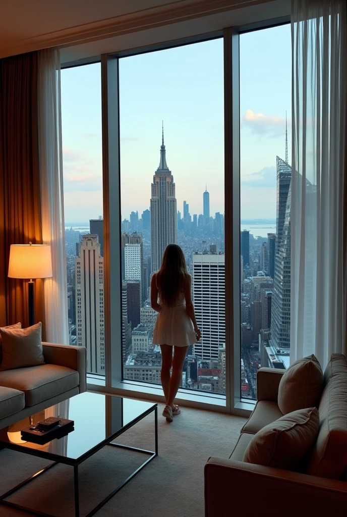 a woman in boots, nude, is standing and looking out a window at the city at night, with a view of the city, Alex Grey, a picture, <lora:epiCRealismHelper:1>