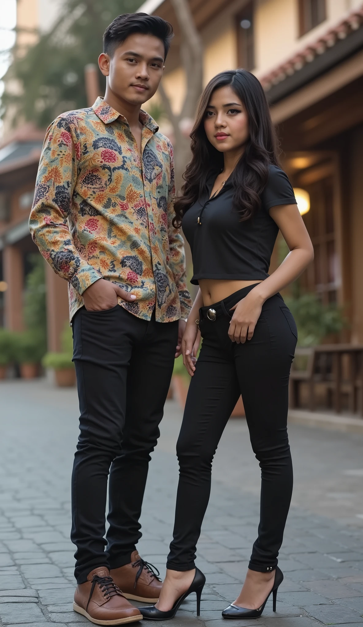 an Indonesian man and an Indonesian woman standing next to each other, an image, inspired by Adam Dario Keel, which is trending in the cg community, a handsome young Indonesian man with a beautiful young Indonesian woman with black wavy hair, a man dressed in a color shirt with shoes and a woman dressed in a shirt and black skinny jeans and heels. singer, movie screencap, model elisajes from acquamodels, ultrarealistic, high quality, 32k