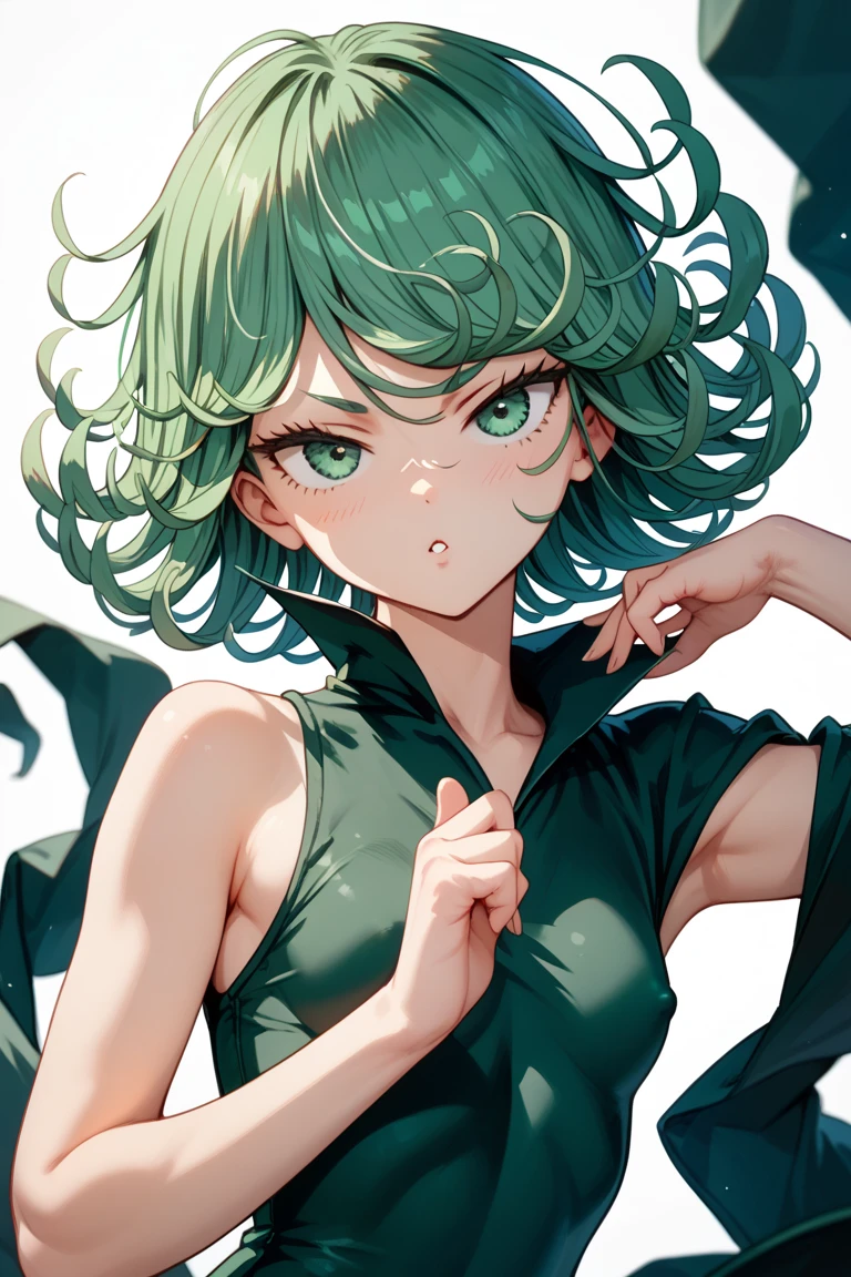 (mejor calidad, 8K, 32K, 1 chica, tatsumaki, Pelo Corto, pelo verde, pecho gigante, el cuerpo perfecto, cara ultra detallada, labios detallados, ojos delgados, vestido rasgado, de pie, tentador, entusiasmado, convex areolas, en celo, mqmf, vapor, sexo, temblor, , buscando, Desde directamente arriba, Solo biquini