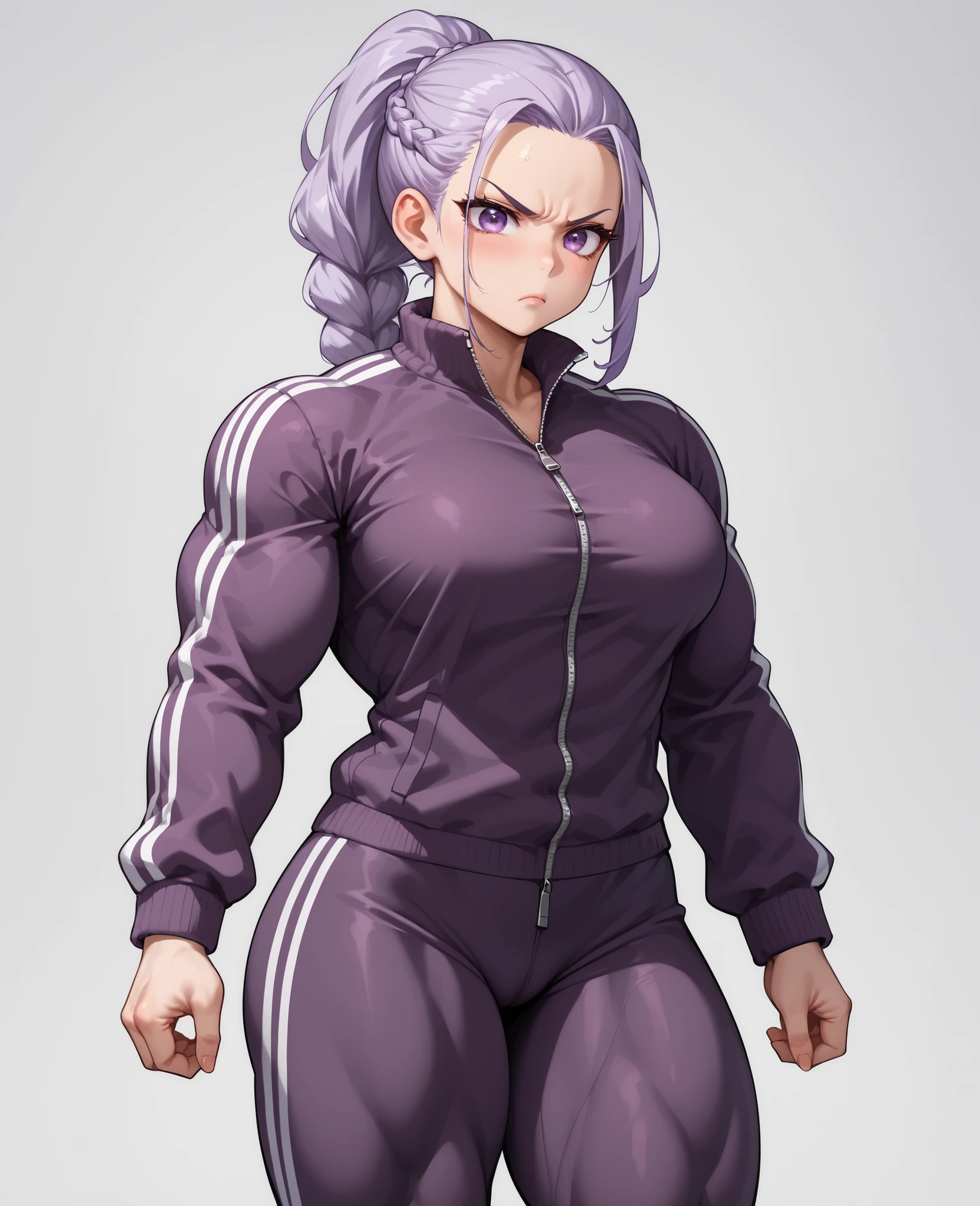 source_anime ,score_9, score_8_ up, score_7, ((White background)) White skin ((Russian woman)) ((1girl)) (narrow-eyed) Fierce face ,slender face, (solo girl) ,30 years old, rathing_explicit , (purple eyes), (white ponytail braid:1.2) ((purple full zip tracksuit:1.2)) , ((thin:0.3)) ,((muscular:0.3)) ((big breasts:0.9)) (strong) muscular ,muscle leg , moist skin , back-facing figure , angry