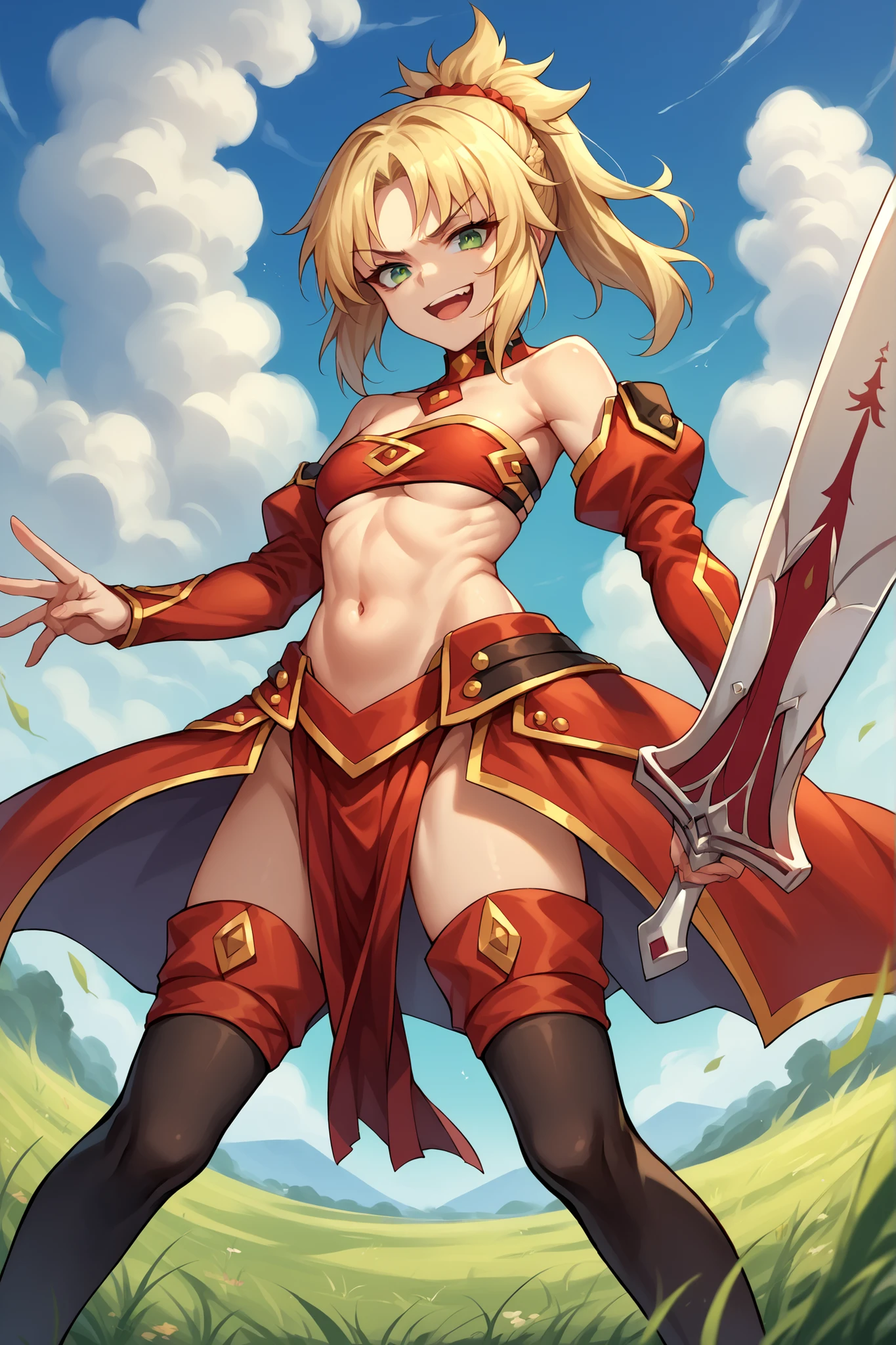 score_9, score_8_up, score_7_up, score_6_up, source_anime, BREAK 1girl, solo, defMord, blonde hair, green eyes, ponytail, detached collar, red bandeau, detached sleeves, gold trim, armored legwear, pelvic curtain, black thighhighs, smug, smirk, open mouth, looking at you, field, blue sky, holding sword
