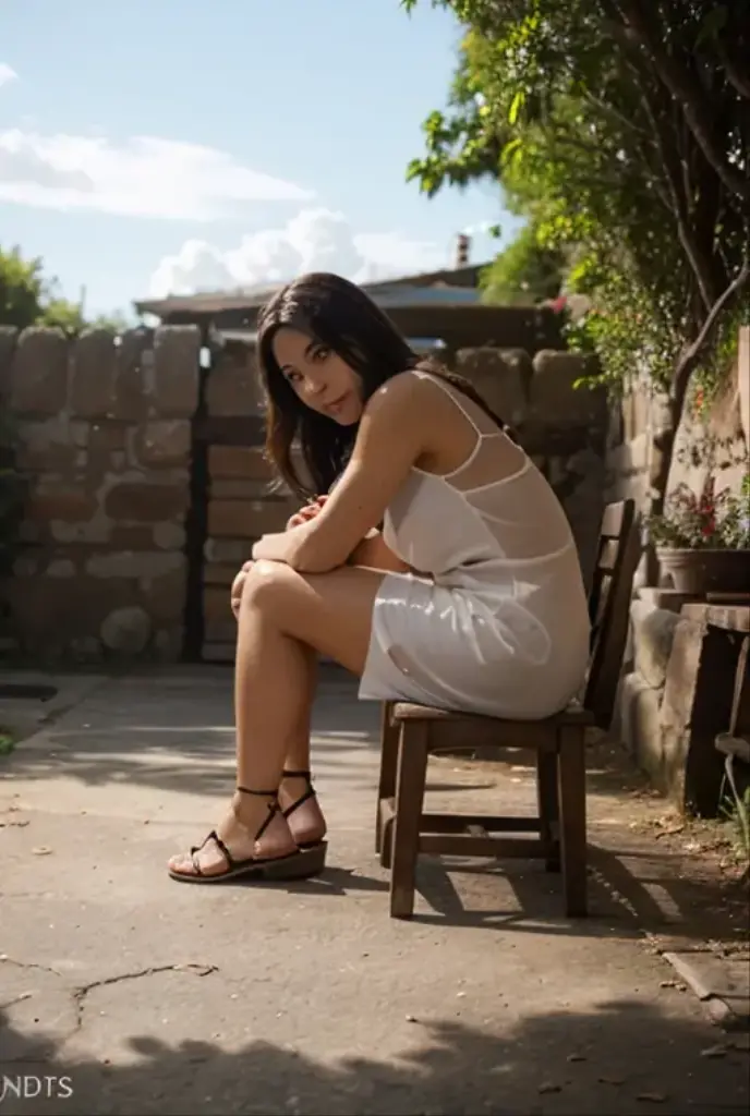 Very beautiful brunette with striking Latin Spanish features, long black hair, Latin Spanish features, large and bright green eyes, beautiful, she is 28 years old (( meia idade)) in a light floral dress in summer in Spain, impeccable beauty, beleza natural, shoes red