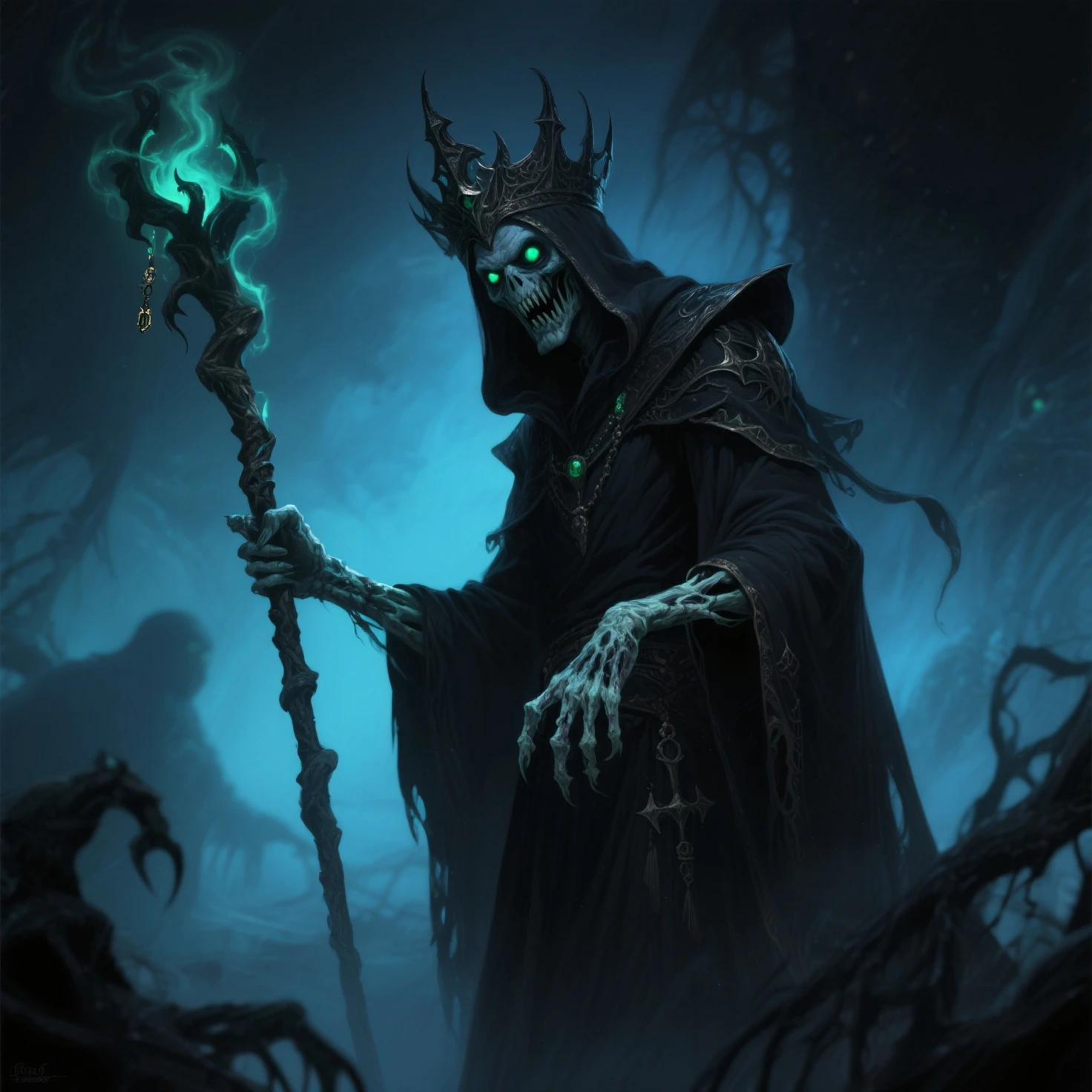 image of an old king standing in a dense, shadowy forest, holding a skull with a look of deep contemplation. The forest, ancient and mystical, is filled with towering, gnarled trees whose branches twist and intertwine above, blocking out most of the light and casting the scene in a dim, eerie twilight. The forest floor is covered with a thick carpet of fallen leaves, moss, and tangled roots.

The old king, dressed in tattered royal robes that hint at former grandeur, stands solemnly amidst the trees. His crown, once a symbol of power and authority, is now worn and tarnished, barely clinging to his thinning white hair. His face, lined with age and sorrow, reflects years of wisdom, loss, and contemplation.

In his hands, he holds a skull, its hollow eyes staring back at him. The king's expression is one of deep reflection, as if he is communing with the past or pondering the fate that awaits him. The skull, weathered and cracked, is a stark reminder of mortality and the passage of time.

The surrounding forest is alive with subtle details: faint whispers of wind through the leaves, the distant calls of nocturnal creatures, and the soft glow of bioluminescent fungi clinging to the bark of the trees. Rays of moonlight occasionally pierce through the canopy, illuminating patches of the scene with a ghostly light.

This image captures a moment of profound introspection and mystery, blending themes of power, decay, and the inexorable march of time in a dark medieval fantasy setting.
