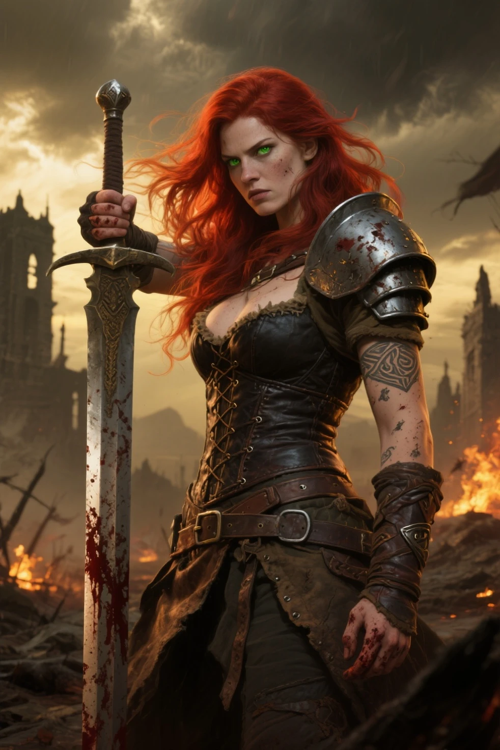 Create a high-quality, 4k, ray-traced image of a girl in the dark, inspired by the medieval fantasy Dungeons and Dragons. She is an evil wizard. She wears a long, black cloak that conceals her. The cloak is frayed and very old, a very worn cloak. A black hood is placed over her head, partially concealing her facial features. The hood's edges are decorated with gold-colored runic symbols. Her face remains in shadow. A highly detailed and realistic face. A high-angle shot of the bust. It is difficult to distinguish the woman in the long, black cloak and hood from the darkness surrounding her. The cloak is partially open, allowing us to see that underneath it she is wearing a black off-the-shoulder, strapless blouse with laces to fit her ?????. The 20-year-old woman has red hair, cut in a bob style, very detailed layered hair, bangs, a black leather choker, black leather pants, a belt with a metal buckle with magic powder sachets, dark green eyes, a serious expression, detailed irises, long eyelashes, thick, half-open, pink lips. Sensual. Mysterious and hidden in the shadows. Sensual and mysterious in equal parts. She is a beautiful and evil magician. Dark scene, pure black background, ideal for wallpaper.
