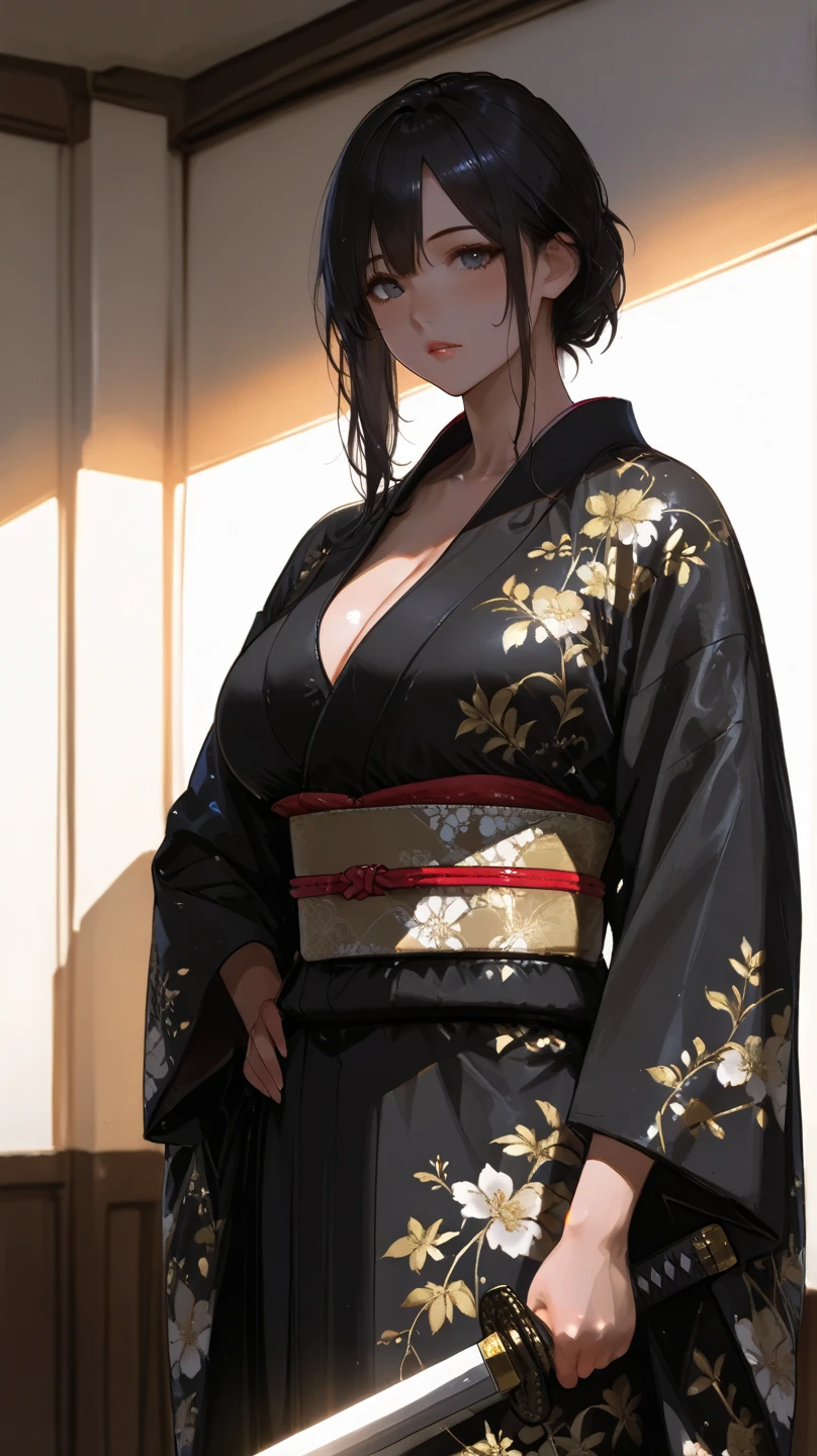 最high quality、high quality、best image quality、8K、最High resolution、High resolution、最high quality、masterpiece、RAW photo、realistic atmosphere、(detailed face)、(fine hands、thumb１reference４)、(beauty of japan )、very nice face、cute face、((beautiful japanese girl))、(japanese woman), ((18 year old beautiful girl))、(glossy black hair)、(straight long hair)、(ponytail)、whole body、slim style、(shiny skin)、(Fair skin, Glossy skin)、real human skin、realistic human body structure、perfect body， perfect face， perfect hands， perfect fingers， perfect lips， perfect eyes，perfect teeth、perfect background， perfect atmosphere， natural soft light、photon mapping、ninja cosplay、kunoichi kimono、、((girl with sword in both hands))、Japanese sword、japanese traditional、(kunoichi kimono)、all ninja、A girl inspired by Naruto、((A girl holding a sharp sword in both hands))、In front of an old Japanese house、((Transparent black metallic with floral pattern(kunoichi costume、short kimono、Small kimono、string bread loincloth、mask))、Dynamic pose with swordsmanship in mind
