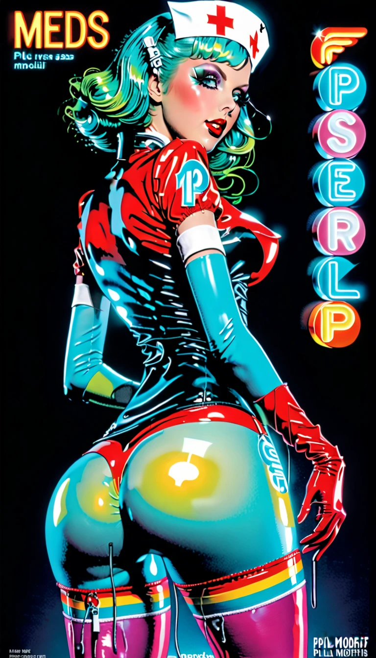 Movie poster style 'The FLY: BE AFRAID, BE VERY AFRAID' across the top of the screen in melty horror letters. (busty woman in a sexy 'Fly' costume is emerging for a foggy well lit doorway
