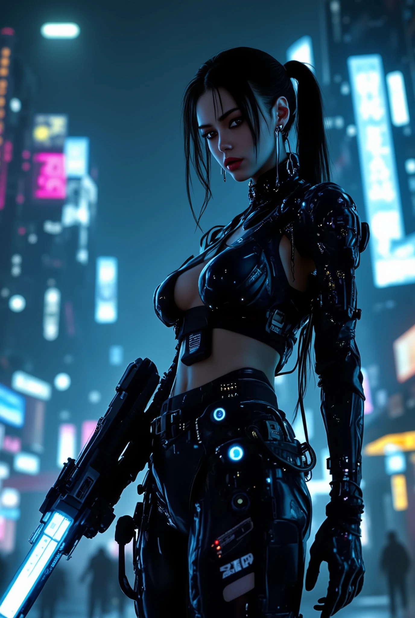 a cyberpunk-themed female figure in a sleek black futuristic outfit, holding a glowing blue sci-fi weapon, in a dystopian urban cityscape with neon lights, holographic displays, and advanced technologyhighly detailed, 8K, photorealistic, cyberpunk, female character, black futuristic outfit, glowing blue sci-fi weapon, dystopian urban cityscape, neon lights, holographic displays, advanced technology,ultra-detailed,cinematic lighting,dramatic atmosphere,moody colors,professional digital art
