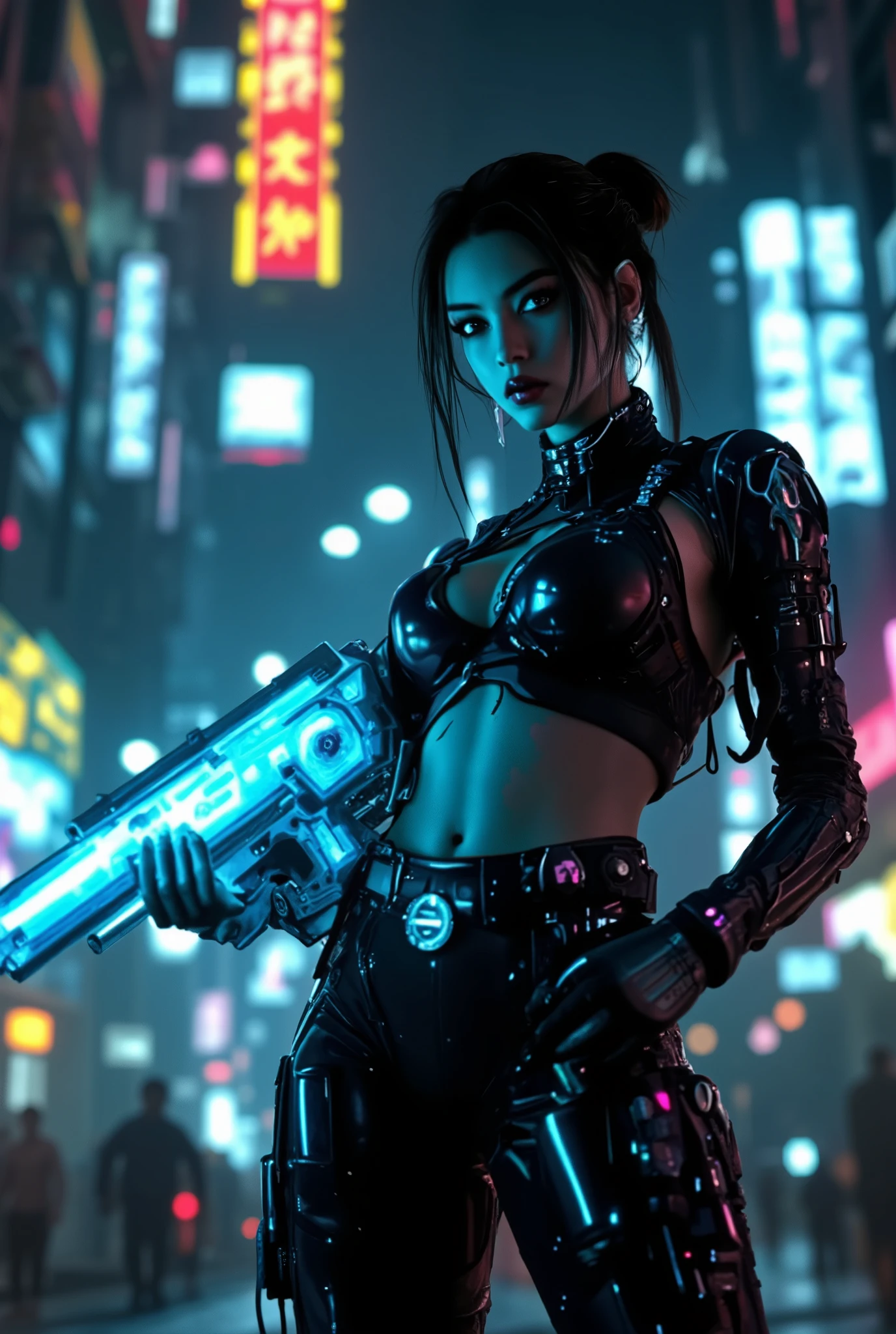 a cyberpunk-themed female figure in a sleek black futuristic outfit, holding a glowing blue sci-fi weapon, in a dystopian urban cityscape with neon lights, holographic displays, and advanced technologyhighly detailed, 8K, photorealistic, cyberpunk, female character, black futuristic outfit, glowing blue sci-fi weapon, dystopian urban cityscape, neon lights, holographic displays, advanced technology,ultra-detailed,cinematic lighting,dramatic atmosphere,moody colors,professional digital art
