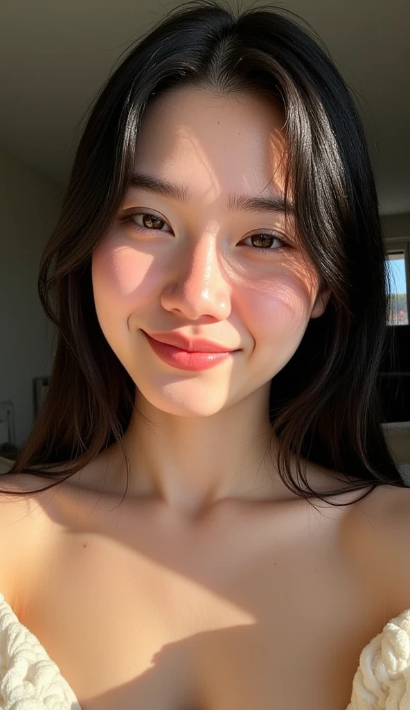 Japanese、Beauty、24-years-old、Completely naked、(Wink:1.2)、round face、plump body、bedroom、bright hair color、Moist eyes、gentle expression、pamper、I love you、
