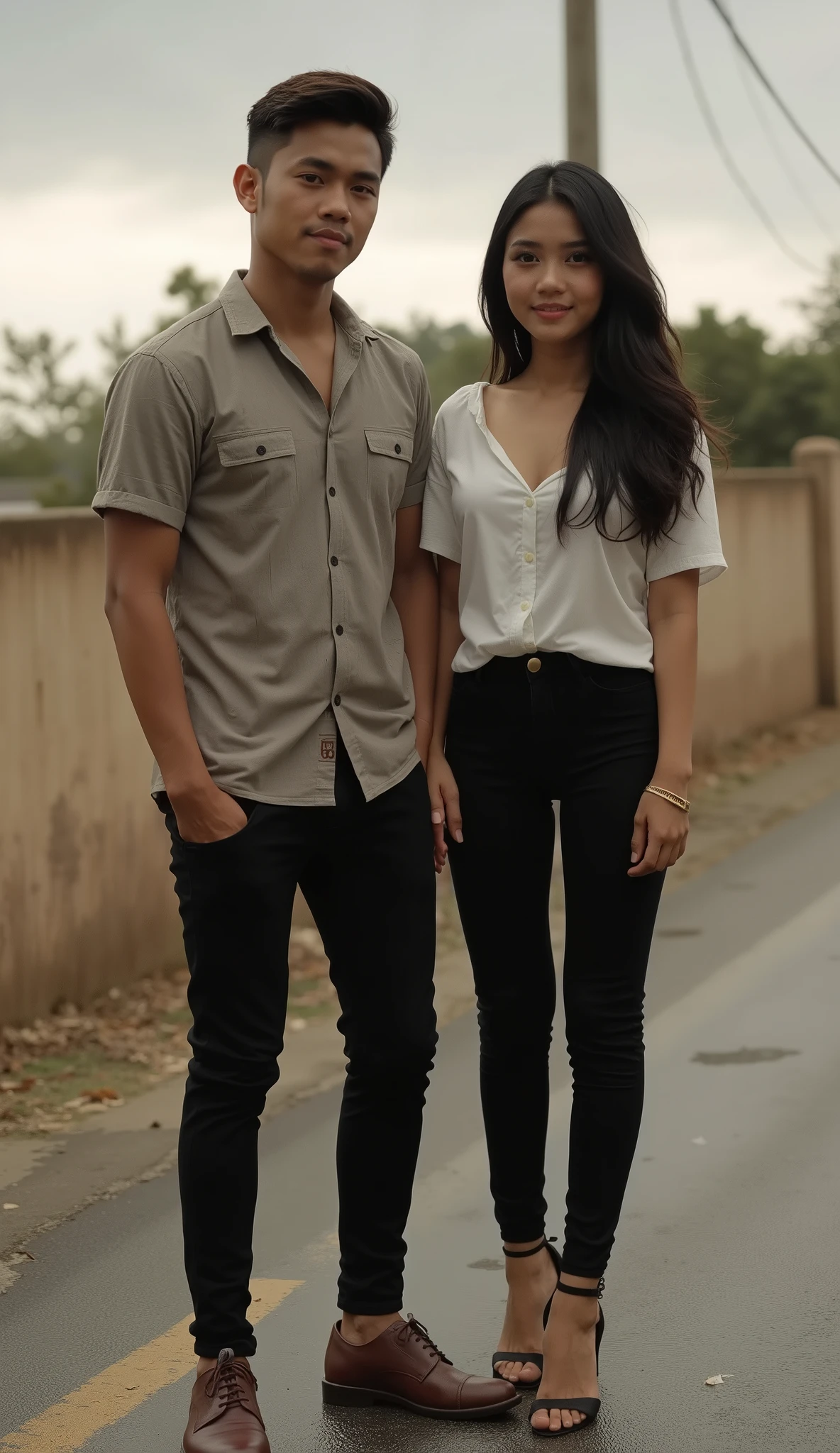 an Indonesian man and an Indonesian woman standing next to each other, an image, inspired by Adam Dario Keel, which is trending in the cg community, a handsome young Indonesian man with a beautiful young Indonesian woman with black wavy hair, a man dressed in a shirt with shoes and a woman dressed in a shirt and hightwaist skinny jeans and heels. singer, movie screencap, model elisajes from acquamodels. Ultrarealistic, 32k, high quality