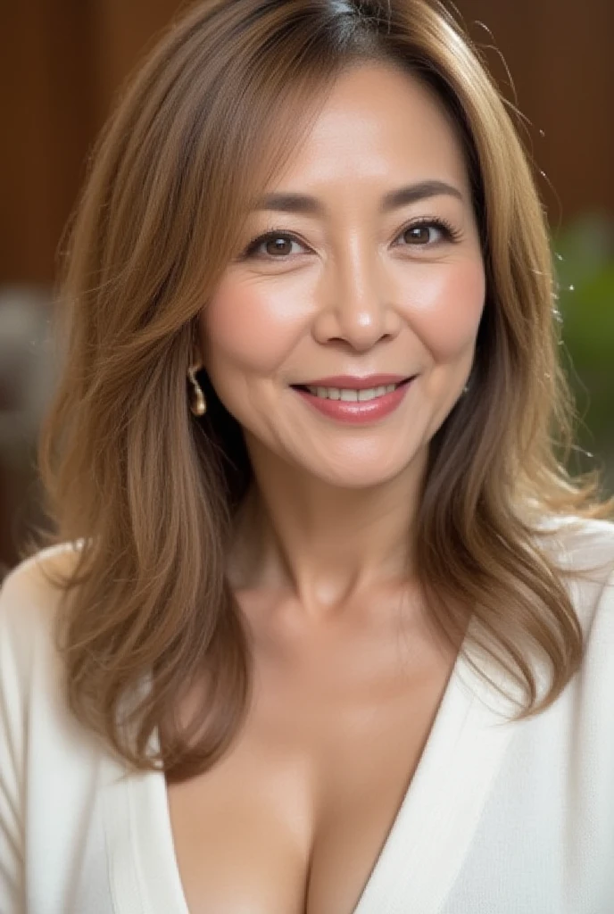 Long Hair, One person, masterpiece, Very detailed, Shiny Hair, Hair blowing in the wind, moderately large breasts, A seductive smile, smile, Teardrop, Super detailed, realism, 58 years old,White knit,Sleeveless knit,Constricted tummy,whole body
