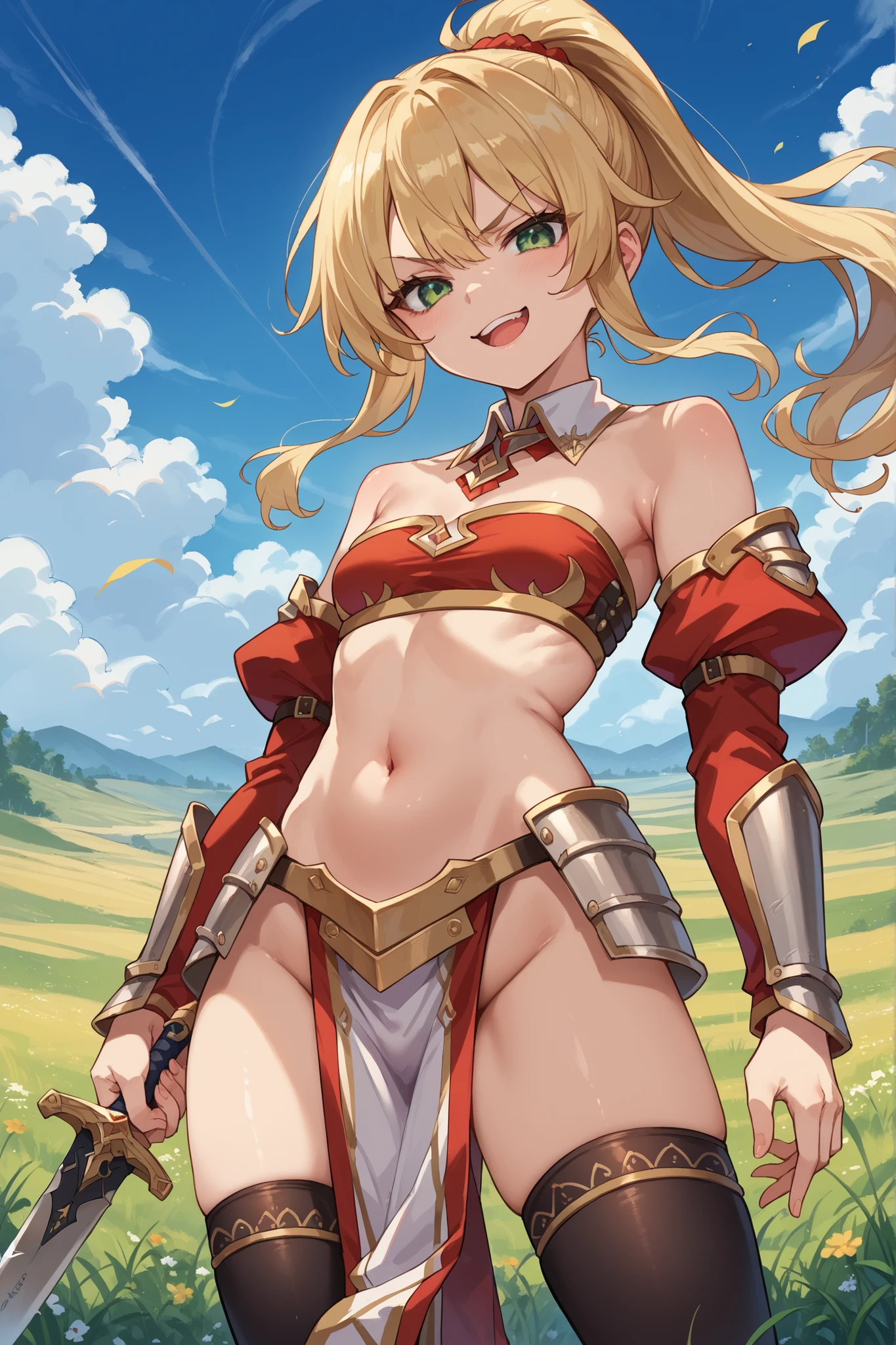 score_9, score_8_up, score_7_up, score_6_up, source_anime, BREAK 1girl, solo,  defMord, blonde hair, green eyes, ponytail, detached collar, red bandeau, detached sleeves, gold trim, armored legwear, pelvic curtain, black thighhighs, smug, smirk, open mouth, looking at you, field, blue sky, holding sword