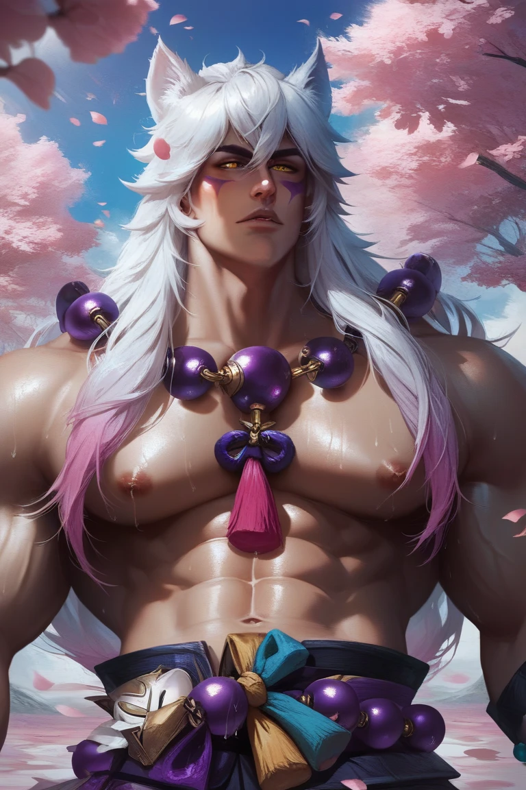 ((bestquality)), ((masterpiece)), (detailed), perfect face
Make a male character in the art style of the anime "Demon Slayer." Muscular, naturally white medium hair with some purple highlights, gray eyes, He has a well-groomed beard, and he is a Hashira. He's 21 years old.