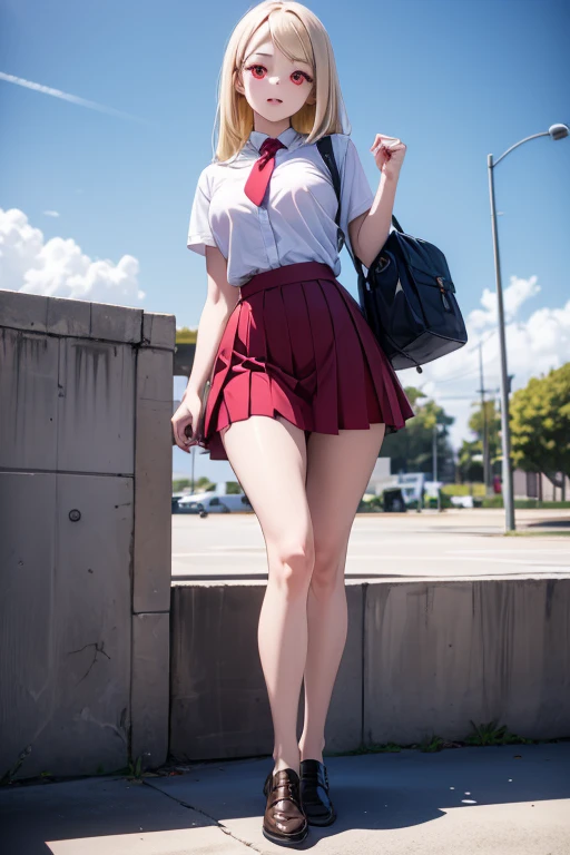 masterpiece, ultra-detailed, illustration, game cg, best quality, highres, kitagawa marin, 1girl, short fluffy blonde hair, swept bangs, gradient hair, red eyes, glossy lips, light smile, blush, medium breasts, lookimg down at viewer, from below, red puffy miniskirt, white blazer, red thigh boots, standing, blue sky