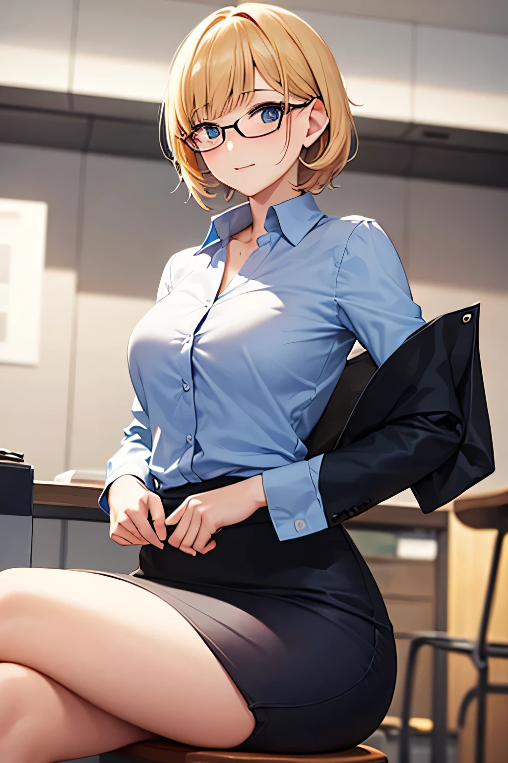 detailed illustration ,dynamic angle, ultra-detailed, detailed eyes, detailed face, 1girl, shy, sitting at a desk, blonde, short hair, medium breasts, cleavage, gray blouse, short black skirt, blue eyes, glasses, smiling