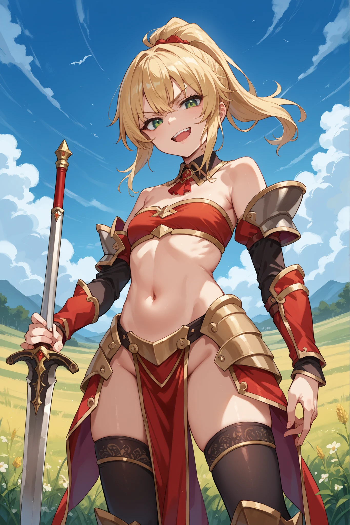 score_9, score_8_up, score_7_up, score_6_up, source_anime, BREAK 1girl, solo, defMord, blonde hair, green eyes, ponytail, detached collar, red bandeau, detached sleeves, gold trim, armored legwear, pelvic curtain, black thighhighs, smug, smirk, open mouth, looking at you, field, blue sky, holding sword