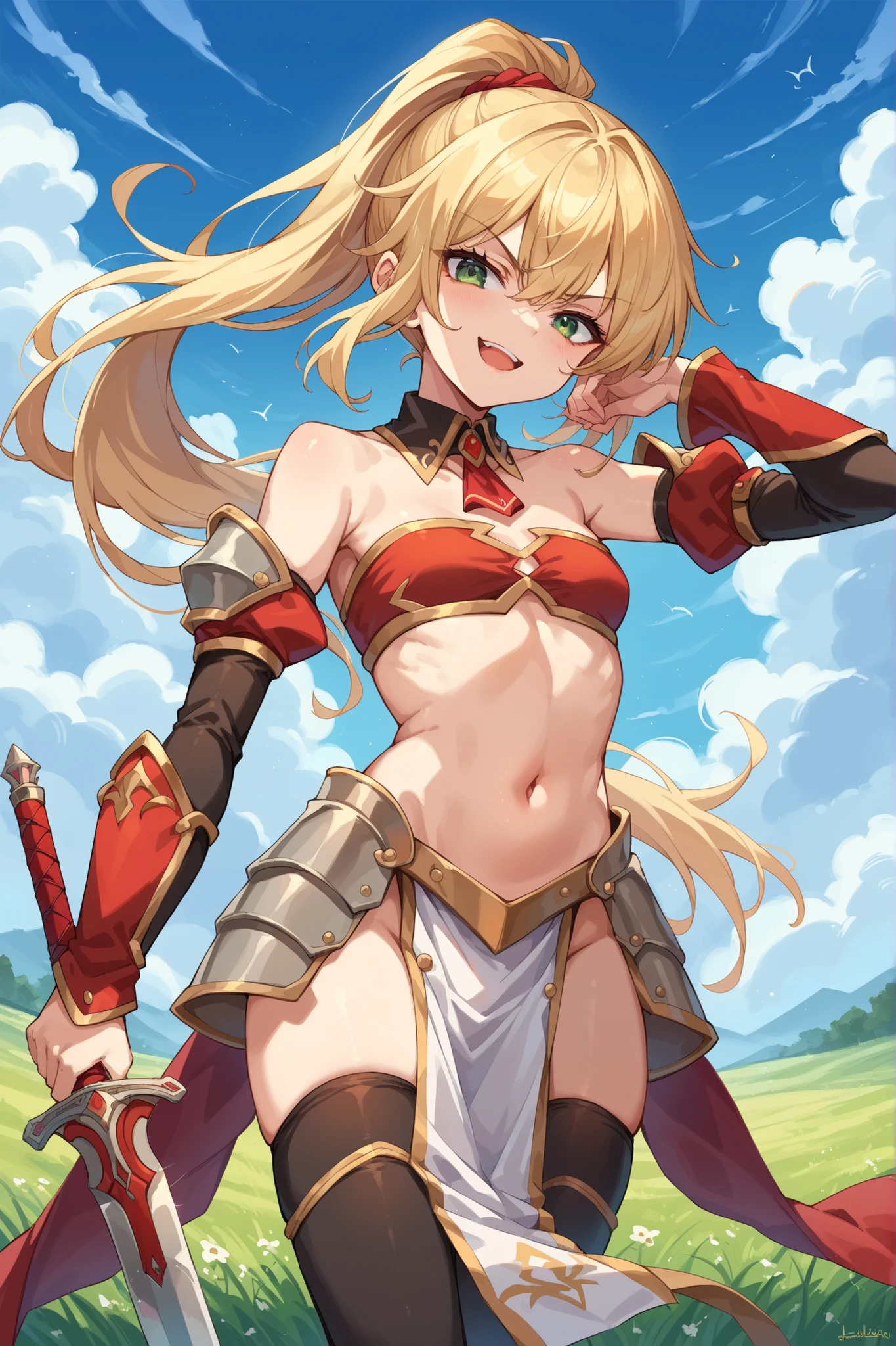 score_9, score_8_up, score_7_up, score_6_up, source_anime, BREAK 1girl, solo, defMord, blonde hair, green eyes, ponytail, detached collar, red bandeau, detached sleeves, gold trim, armored legwear, pelvic curtain, black thighhighs, smug, smirk, open mouth, looking at you, field, blue sky, holding sword