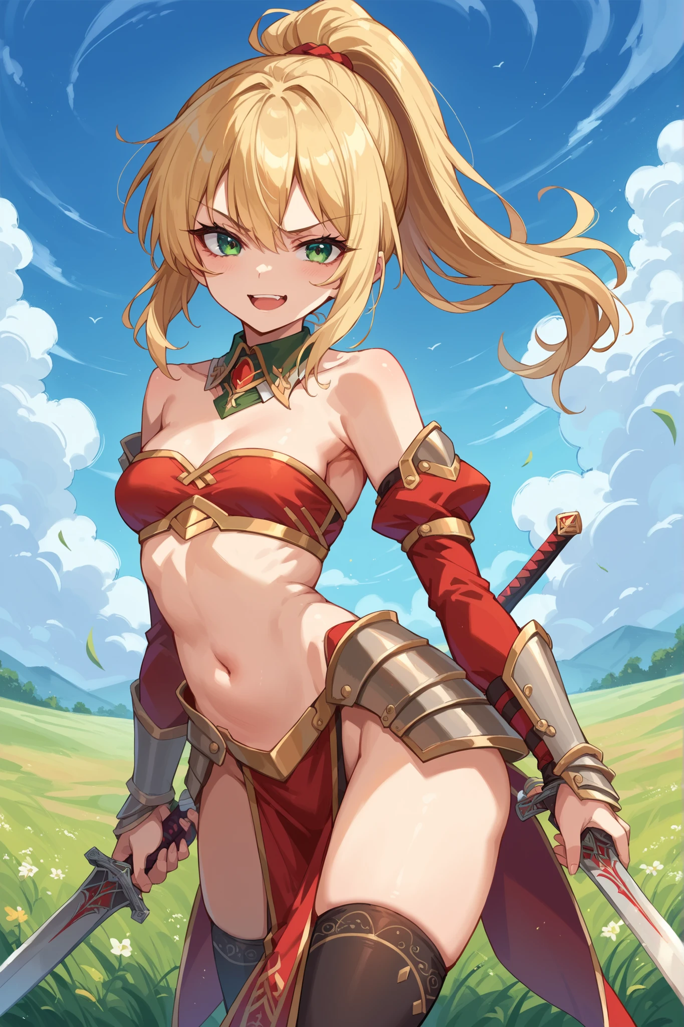 score_9, score_8_up, score_7_up, score_6_up, source_anime, BREAK 1girl, solo, defMord, blonde hair, green eyes, ponytail, detached collar, red bandeau, detached sleeves, gold trim, armored legwear, pelvic curtain, black thighhighs, smug, smirk, open mouth, looking at you, field, blue sky, holding sword