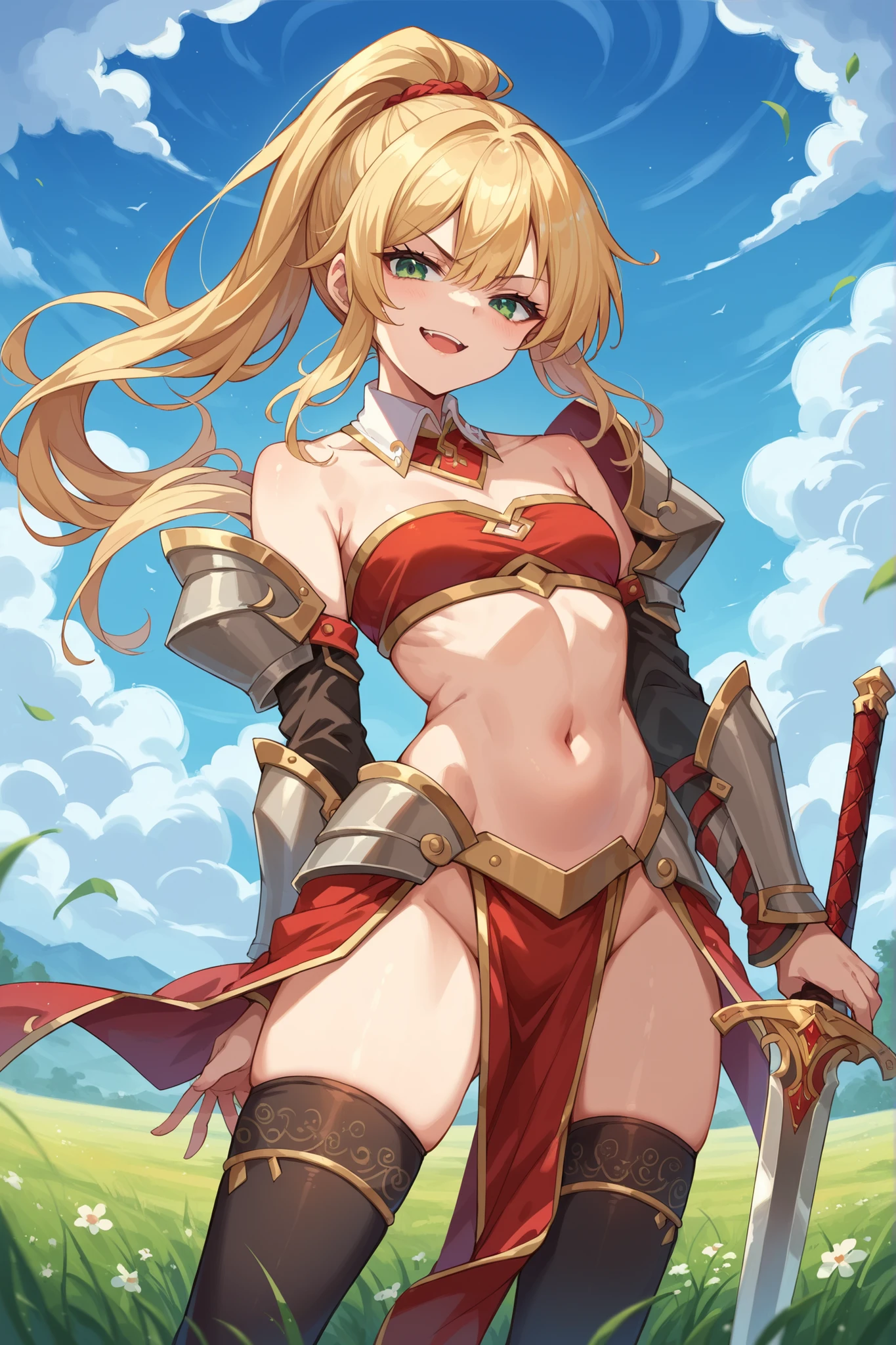 score_9, score_8_up, score_7_up, score_6_up, source_anime, BREAK 1girl, solo, defMord, blonde hair, green eyes, ponytail, detached collar, red bandeau, detached sleeves, gold trim, armored legwear, pelvic curtain, black thighhighs, smug, smirk, open mouth, looking at you, field, blue sky, holding sword