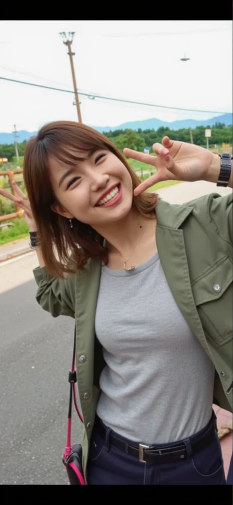 closeup shot , Best picture quality (8K, high resolution, Masterpiece: 1.2), super detailed, 215 Short Hair, 16-year-old woman,
situation: A scene of people enjoying kite flying while having a picnic。
clothing: casual outdoor wear(T-Shirts、Shorts、sneakers)、Hats and sunglasses。
angle:
Close-up: The hands pulling the kite strings、A detailed shot of a smiling face looking up at a kite。
Detailed depiction: Lunch spread out on a picnic sheet、They are helping each other fly the kites.。
Emotional moment: The cheers of the moment the kite soared high、Emphasize the scene where they are laughing together。
, Close-up of face
, random cute pose ,big eyes ,Puffy eyes , Heart Pupil, blush , huge shy smile , salute