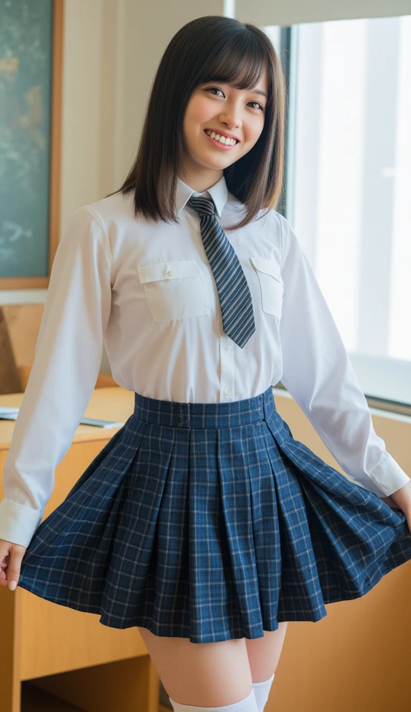 (Photoreal:1.4, 8K), highest quality, masterpiece, ultra high resolution, perfect dynamic composition, (cinematic lens effects), (beautiful face), (brown hair, bangs, long hair), Highly detailed skin and facial textures:1.3, perfect proportions, Medium chest, shiny legs, Detail of limbs, Cute and sexy 18 year old high school girl, (completely enchants you:0.9), (school uniform:1.3, light blue shirt, red tie, checked skirt), (gal makeup, eyeliner, Red lip gloss, Eyes that feel beautiful eros:0.85), sexy face:0.8, (beautiful black eyes, thick lips, A taste of beautiful eroticism:0.85), (Too cute beauty:0.9), (classroom, machine, Chair, big window), (look at camera), (extreme close up:1.3), (smile:0.2), (closed mouth)