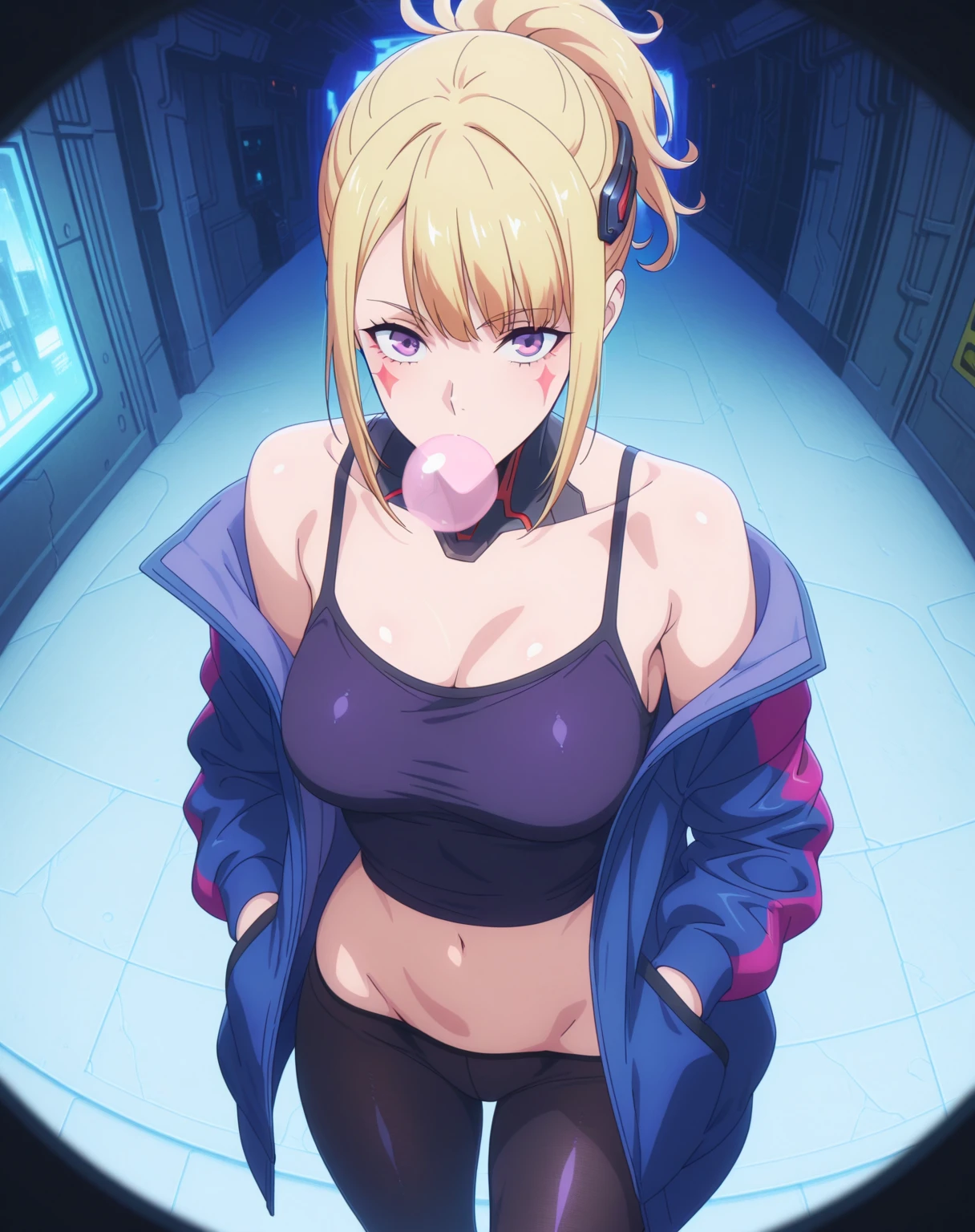 realistic and intricate perfect beauty face, cleavage cutout, big boobs to the waist (((slim beauty shape))), ((in realistic sci-fi plugsuit outfit in neon-lit)), masterpiece, 4k, UHD