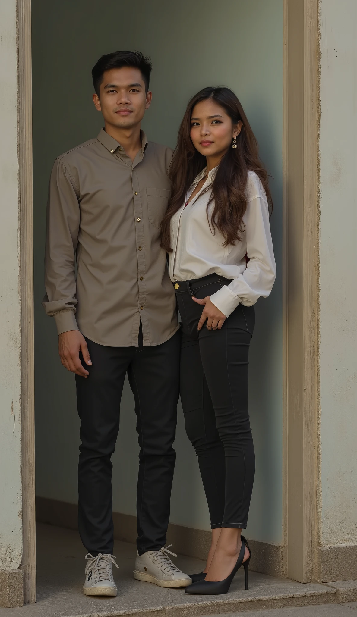 an Indonesian man and an Indonesian woman standing next to each other, an image, inspired by Adam Dario Keel, which is trending in the cg community, a handsome young Indonesian man with a beautiful young Indonesian woman with wavy hair, a man dressed in a shirt with shoes and a woman dressed in a shirt and skinny jeans and heels. singer, movie screencap, model elisajes from acquamodels