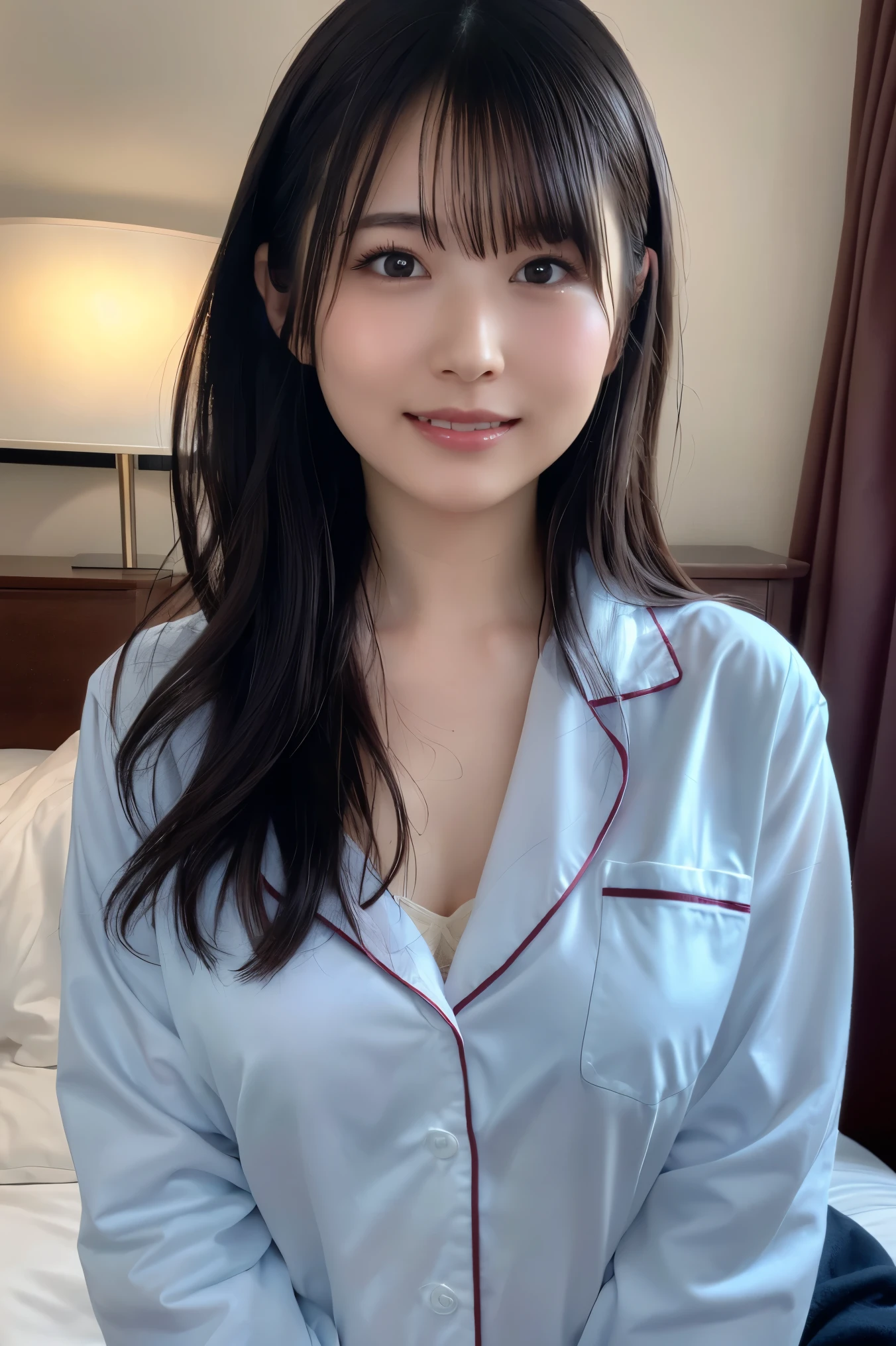full body shot、 splashes from、Waking up、(8k, RAW Photo, Highest Quality, high resolution: 1.1), (ultra realistic: 1.4), (realistic, realistic: 1.3), Japanese Beauty, pajamas, ((upper body: 1.3)) high resolution, realistic image of a Japanese woman with short hair, she has big breasts and red cheeks , Look at that, smile She looks at it, smile,, Spread out on the bed, In the blanket draped over my chest.かわいいpajamasを着て、beautiful hair、semi-long hair、a 30-year-old woman