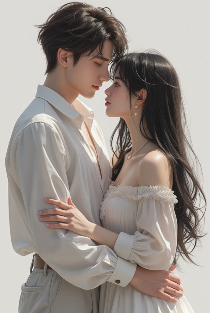 Please create an image of two people. First, a stunning beauty who is half French and half Japanese. She has an exceptionally beautiful face, with striking blue eyes and long, straight blonde hair. She wears a cute dress and has a smiling expression. The second person is a man with black hair and long bangs. He wears a T-shirt and denim. His expression is slightly bashful. The composition should be an upper body close-up image, with the beauty on the right and the man on the left, standing side by side.