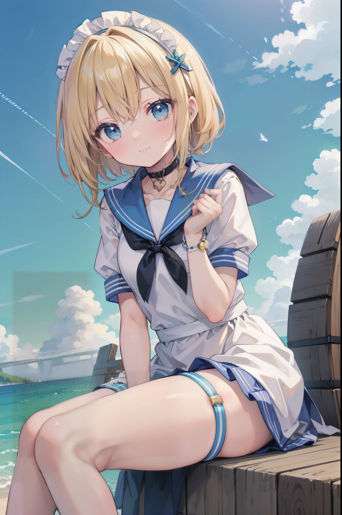 《Highest quality》《masterpiece》Her hair is a light brown short cut。One person。White Beret。Bright girl。Short jacket。。White and yellow clothes。Wearing white short boots。Short sleeve。mini skirt。Young。Laughing with mouth open。Light blue eyes。Beautiful background。