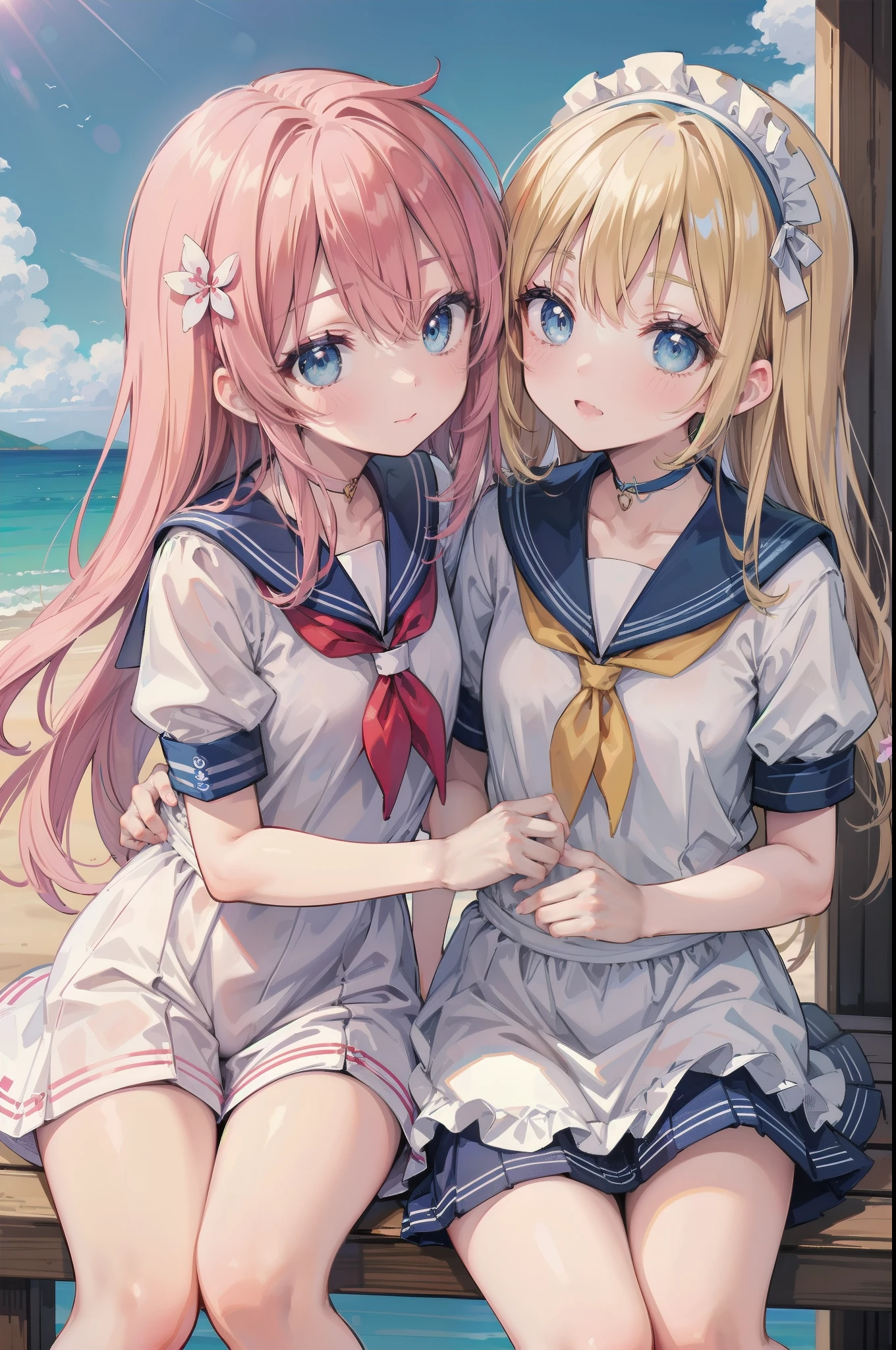 Gently stare, by krenz Cassiato , Asuka, is sitting, Asuka, anime styleイラスト, official art, High Quality Animated Art, high resolution, anime style, (short sleeve summer sailor suit:1.5),
Playful yet elegant maid mini dress in deep pink and white,
Black ribbon choker with sakura charm,
blending mischievous allure with springtime charm,
BREAK
(face close-up:1.4), (NSFW:1.2), ( blond and blue eyed), headband, (flat chest:0.8), (blue sky:1.5),