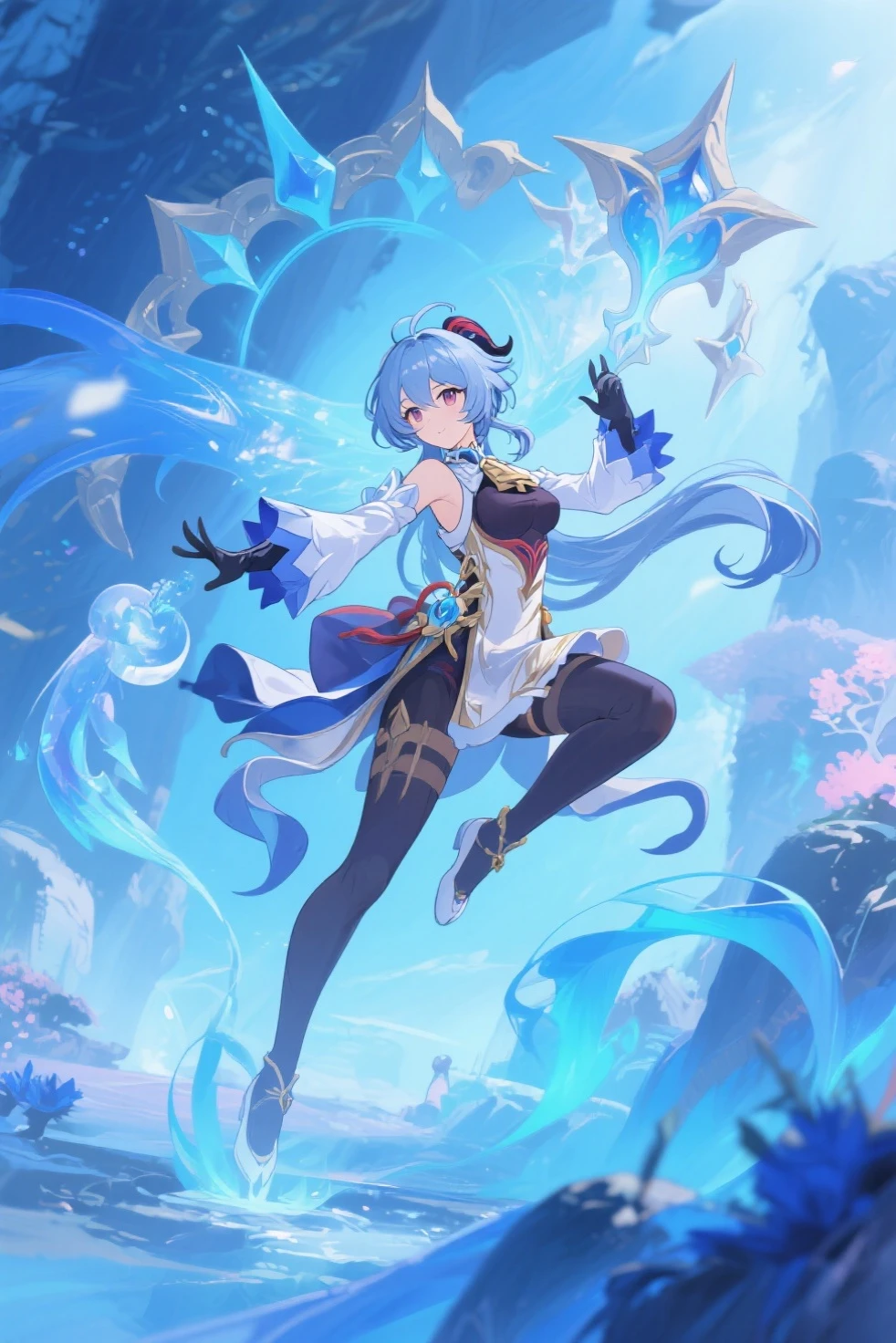 (shylily/(Twich/):1.5),(masterpiece:1.2),(best quality:1.2),Anime girl walking on water, Azure Spirit, Shadowverse Style, anime goddess, Night Core, Anime Fantasy Artwork, tranquil background, Water ripples when walking, Delicate and beautiful dress, Feet only touching the water surface