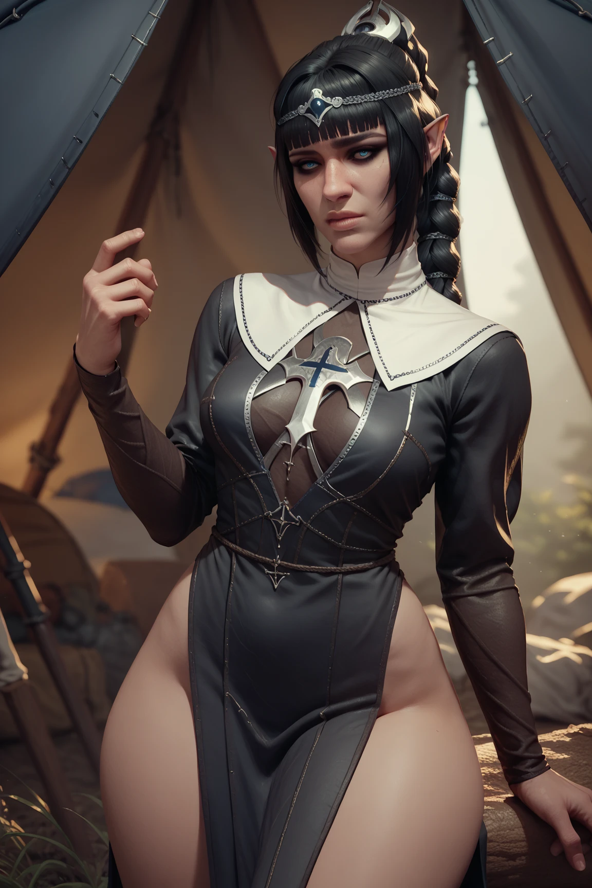 (masterpiece, top quality, best quality, official art, beautiful and aesthetic:1.2), (1girl:1.3), ((Sharp facial features, sharp features, hawkish features)), ((blue eyes)), busty brunette paladin knight girl, extremely detailed, portrait, looking at viewer, solo, (full body:0.6), detailed background, full-body shot, (warm mountain meadow theme:1.1), holy knight, (nun), charlatan, smirk, mysterious, swaying in mountains, armor, polished metal, gold trim, long boots, white fabric, pelvic curtain, robe, pale leather, ((((nun, corona, holy aura, greatsword, heavy armor, armored, long legs, pelvic curtain, toned, muscular, robes)))), slim waist, slim hips, long legs, medieval (mountain exterior:1.1) background, dark mysterious lighting, shadows, magical atmosphere, dutch angle