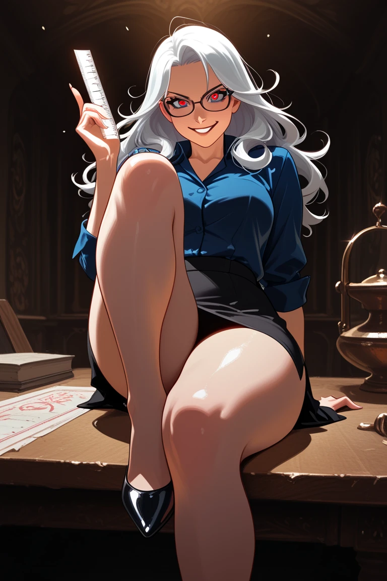 Small breasts, Furry, bat, Bare shoulders, red eyes, blush, Clavicle, female, alone, female focus, naked, Seductive smile, Thigh gap, Wide hips, ((long hair)), ((white hair)), bibliothek, has glasses, very nice light and shadow, ultra detailed fur, very detailed fur tail, read a book,
