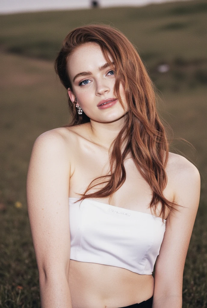 Detailed and realistic photography of a woman with freckles, upper body, cleavage, big breast, round eyes and long messy ponytail, dawn light, sunglow, sunburst, hazy morning, alexis bledel, innocent, wearing white lingerie skin texture, chapped lips, dramatic natural lighting, portrait photography, 85mm lens, magical photography, dramatic lighting, photo realism, ultra-detailed, Cinestill 800T