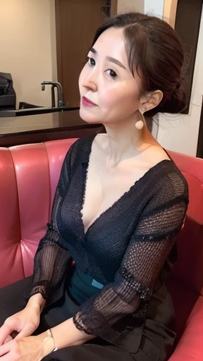 Beautiful and mature 55 year old Japanese woman, Married women, Aunt, Fine Lines, Long eyelashes, Glowing Eyes, Short Bob Haircut, (choker), (Deep Red Lipstick), elegant, Slim figure, Rosy Cheeks, Pearl Necklace, Earrings, Cute Smile, Beautiful body lines, Cleavage, Full Body Focus, Shot on the beach at night,  