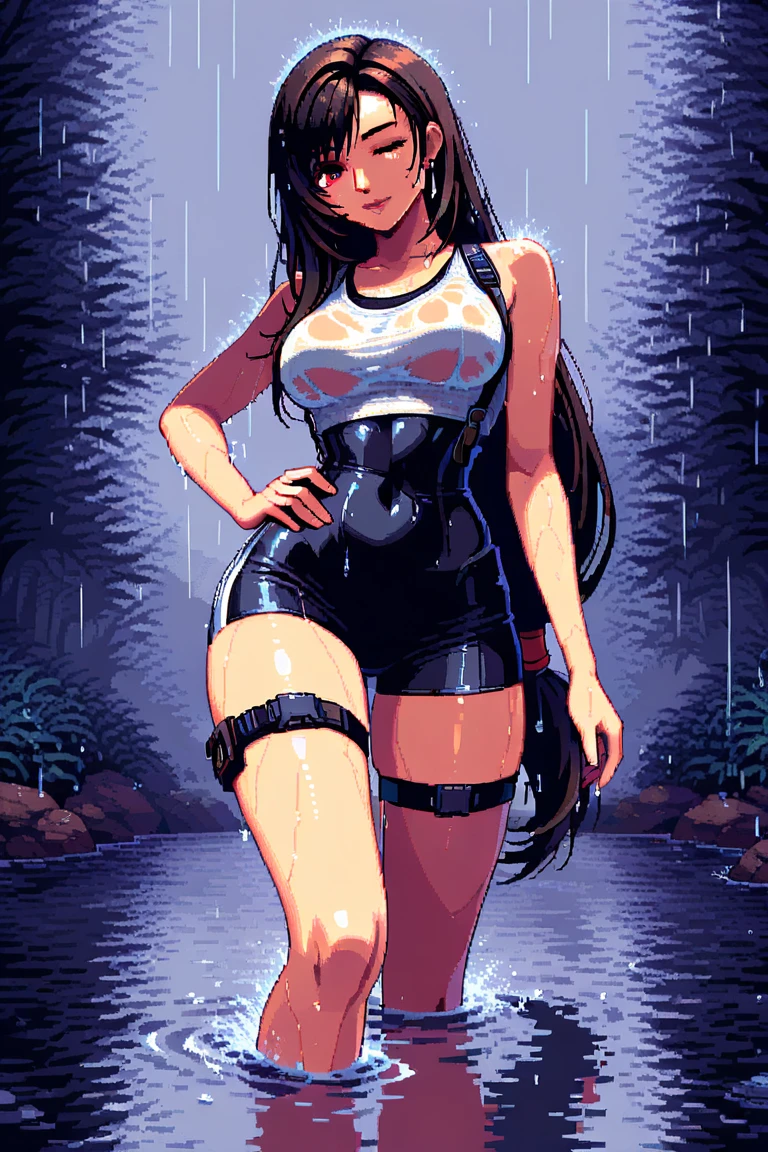 woman, blushed, flared soaking wet leather jeans:1.2, horny pose, orgasm,drowning in swamp, crop-top, looks around, dusk