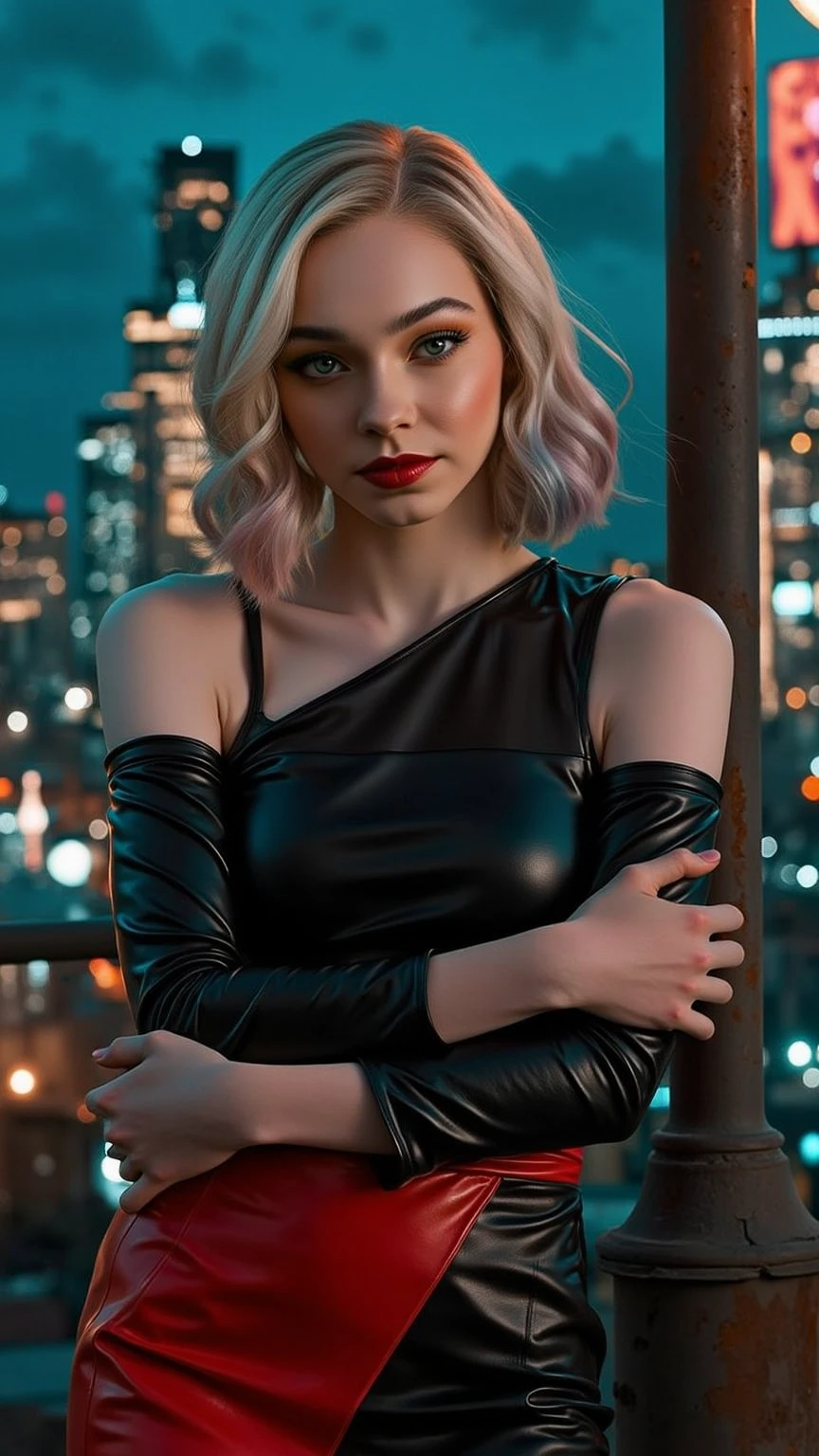 In a futuristic metropolis, a captivating thin skinny slender very short haired pixie blonde embodies photorealistic perfection and sensuality. The details highlight her curves, while the micro string bikini gothic clothing and goth makeup enhance her attractiveness. huge rocket shaped breast In the middle of the cyberpunk urban landscape, an electric atmosphere carries the scent of flowers. Holographic signs shine in the shadows. The rays play with her, fusing charm, goth clothing and makeup with the background. Her digital presence harmonizes with the aura of the metropolis, creating a fascinating online experience. Viewers participate and add their touch in real time to the evolving masterpiece. Interactive events and a narrative guide the online audience through this dynamic and engaging realistic spectacle
