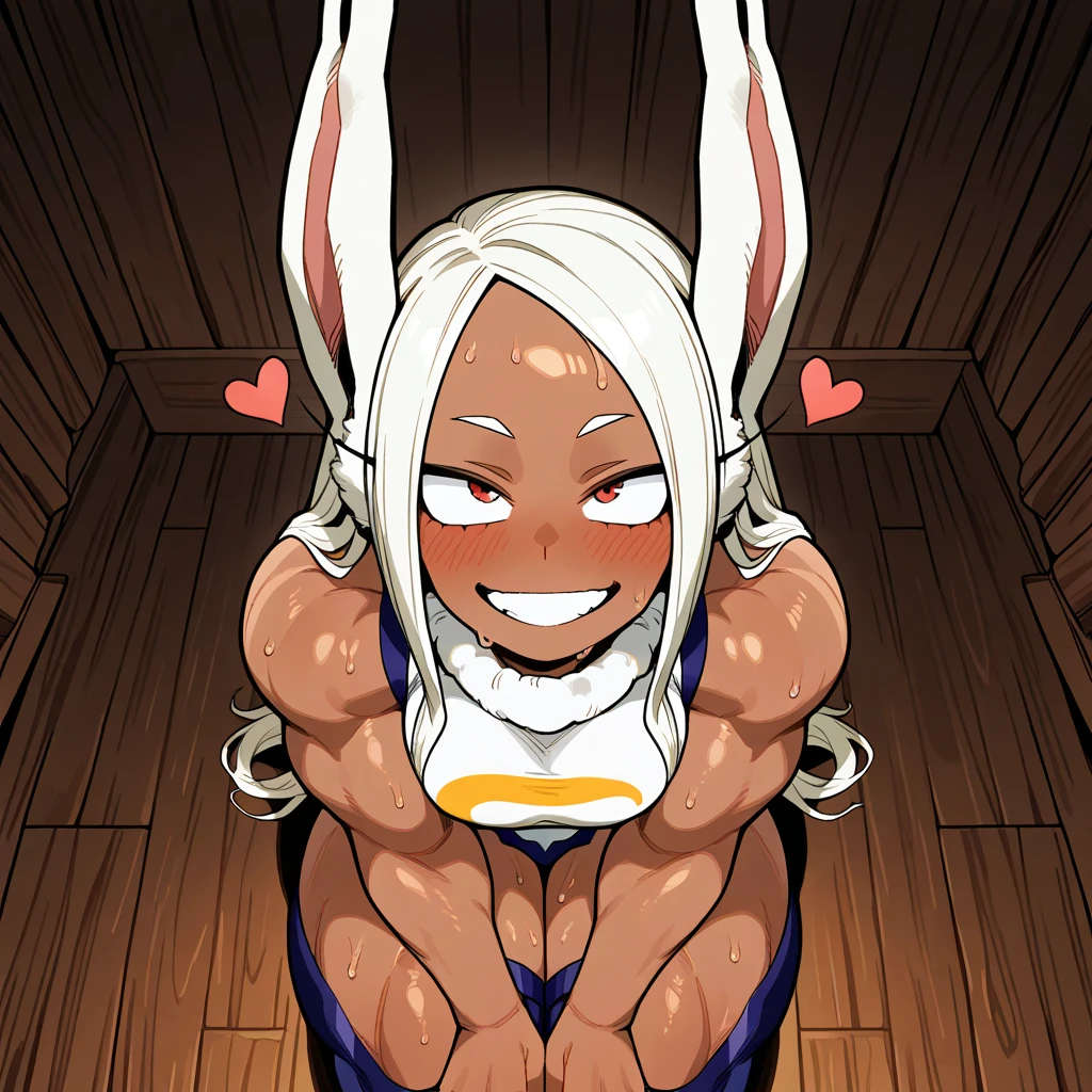 (masterpiece, best quality:1.2), solo, 1girl, sgmsfortune, dark skin, dark-skinned female, smile, looking at viewer, paw pose, bob cut, fingerless gloves, collar,cat tail nude,naked,nsfw,pubic hair,white pubs,toon art style,hairy pussy,vagina focus,pubic hair,hairy,sweating,sweat drops,musk,steam clouds,hot,house roof background,