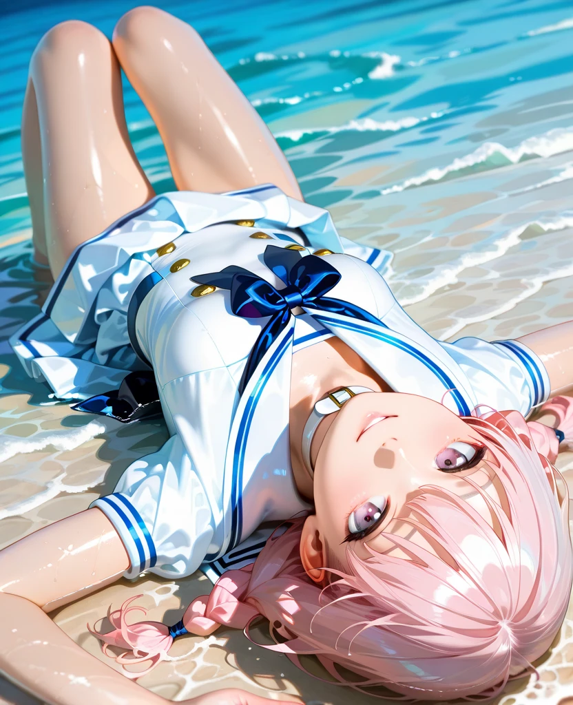 Highest quality、High resolution、Detailed Background、Beautiful face in every detail、Detailed facial expressions、age beauty、Cute hair colors、Braided bob cut、Perfect body line、Cute gestures、
(Sleeveless sailor suit:1.2)、Pleated mini skirt、White panties、No bra、
Lying on the beach、Accentuate your breasts、Showing armpits、(Underboob:1.2)、
(Girl lying on the beach with a happy expression:1.5)
