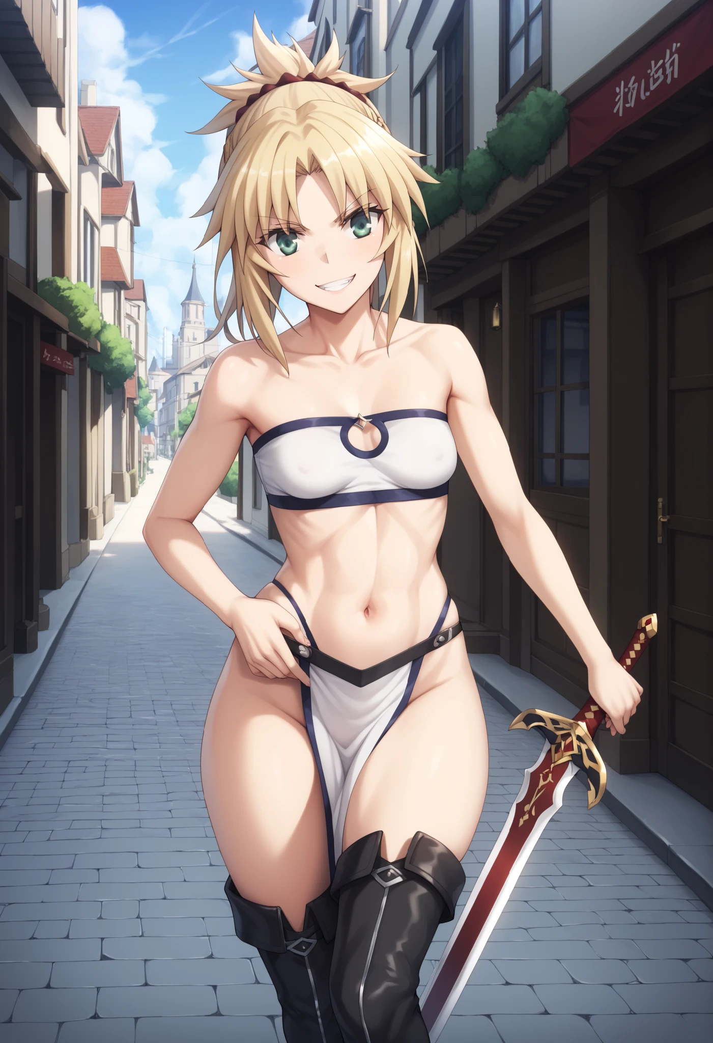 best quality, integrated scenery, integrated background, extremely delicate and beautiful, meticulous details, good composition, cute face, perfect face, perfect hands ,Masterpiece, Best Quality, illustration, city street, 1girl, Mordred \(fate\), collarbone, Detailed blond hair ponytail braid, green eyes,, White tubetop ,pelvic_curtain,navel,thigh-high,grin,(covered_nipples:0.6),skiny,big_smile,solo,boots,thigh-highs,groin,1long_sword,grab_the_loog_sword_hilt,standing, carry_the_long_sword_on_girl_shoulder