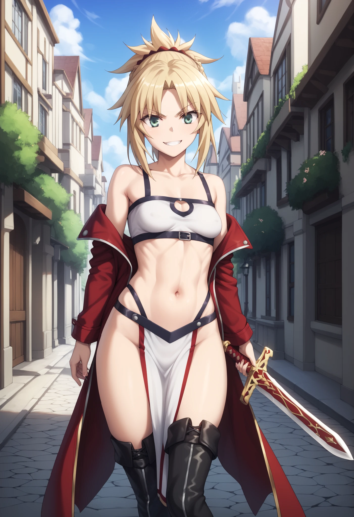 best quality, integrated scenery, integrated background, extremely delicate and beautiful, meticulous details, good composition, cute face, perfect face, perfect hands ,Masterpiece, Best Quality, illustration, city street, 1girl, Mordred \(fate\), collarbone, Detailed blond hair ponytail braid, green eyes,, White tubetop ,pelvic_curtain,navel,thigh-high,grin,(covered_nipples:0.6),skiny,big_smile,solo,boots,thigh-highs,groin,1long_sword,grab_the_loog_sword_hilt,standing, carry_the_long_sword_on_girl_shoulder