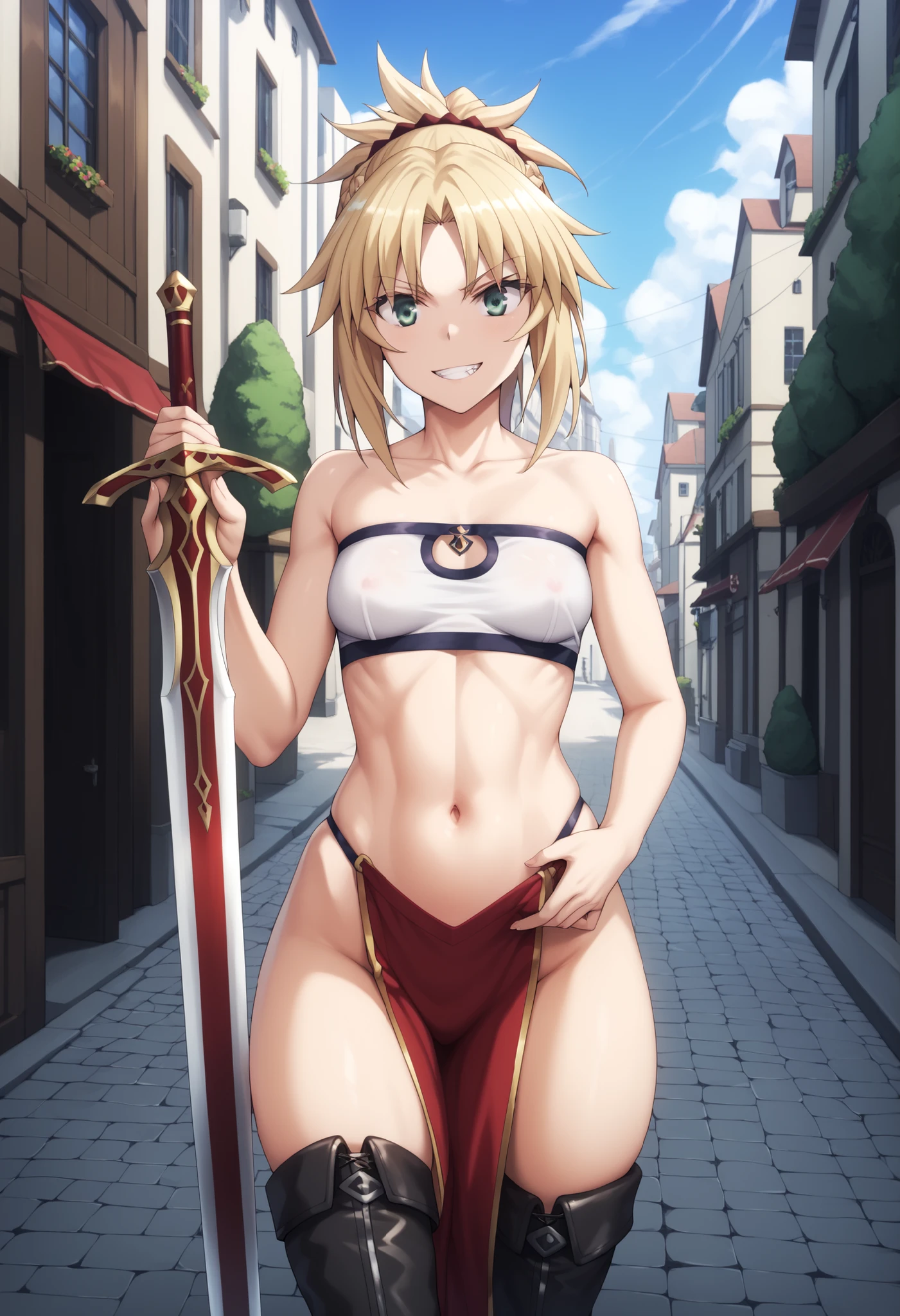 best quality, integrated scenery, integrated background, extremely delicate and beautiful, meticulous details, good composition, cute face, perfect face, perfect hands ,Masterpiece, Best Quality, illustration, city street, 1girl, Mordred \(fate\), collarbone, Detailed blond hair ponytail braid, green eyes,, White tubetop ,pelvic_curtain,navel,thigh-high,grin,(covered_nipples:0.6),skiny,big_smile,solo,boots,thigh-highs,groin,1long_sword,grab_the_loog_sword_hilt,standing, carry_the_long_sword_on_girl_shoulder