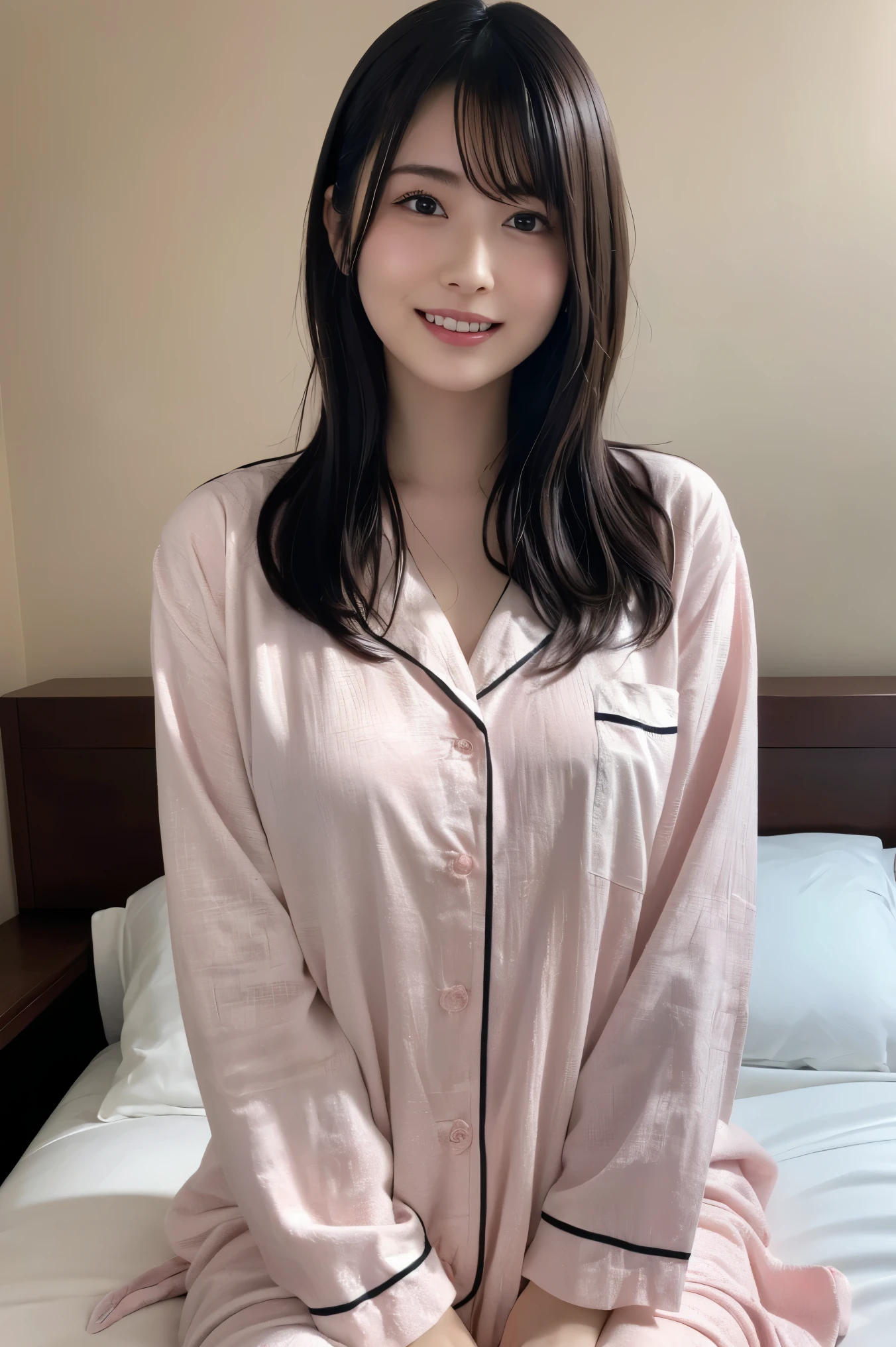 full body shot、 splashes from、Waking up、(8k, RAW Photo, Highest Quality, high resolution: 1.1), (ultra realistic: 1.4), (realistic, realistic: 1.3), Japanese Beauty, pajamas, ((upper body: 1.3)) high resolution, realistic image of a Japanese woman with short hair, she has big breasts and red cheeks , Look at that, smile She looks at it, smile,, Spread out on the bed, In the blanket draped over my chest.かわいいpajamasを着て、beautiful hair、semi-long hair、a 30-year-old woman