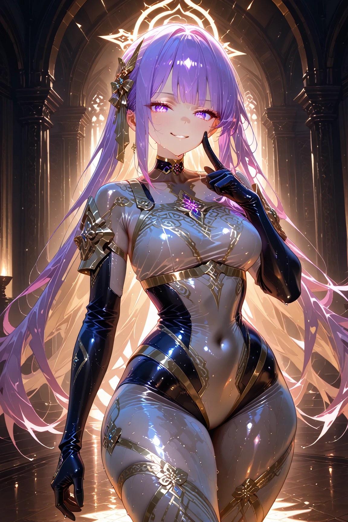 5 8K UHD、Muscular beauty wearing shiny full-body silver armor wearing glasses with her arms behind her back、Beauty with shiny silver latex suit glasses with hidden skin、Upper body only